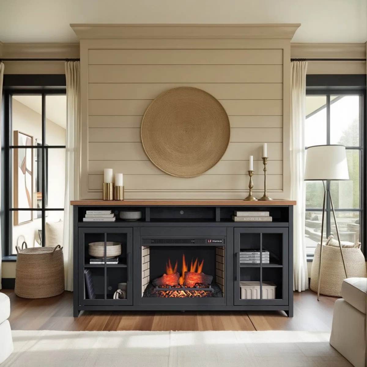 Brixham 74 inch Fireplace TV Stand Console for TVs up to 85 inches, Two-Tone Finish, Black/ Whiskey 