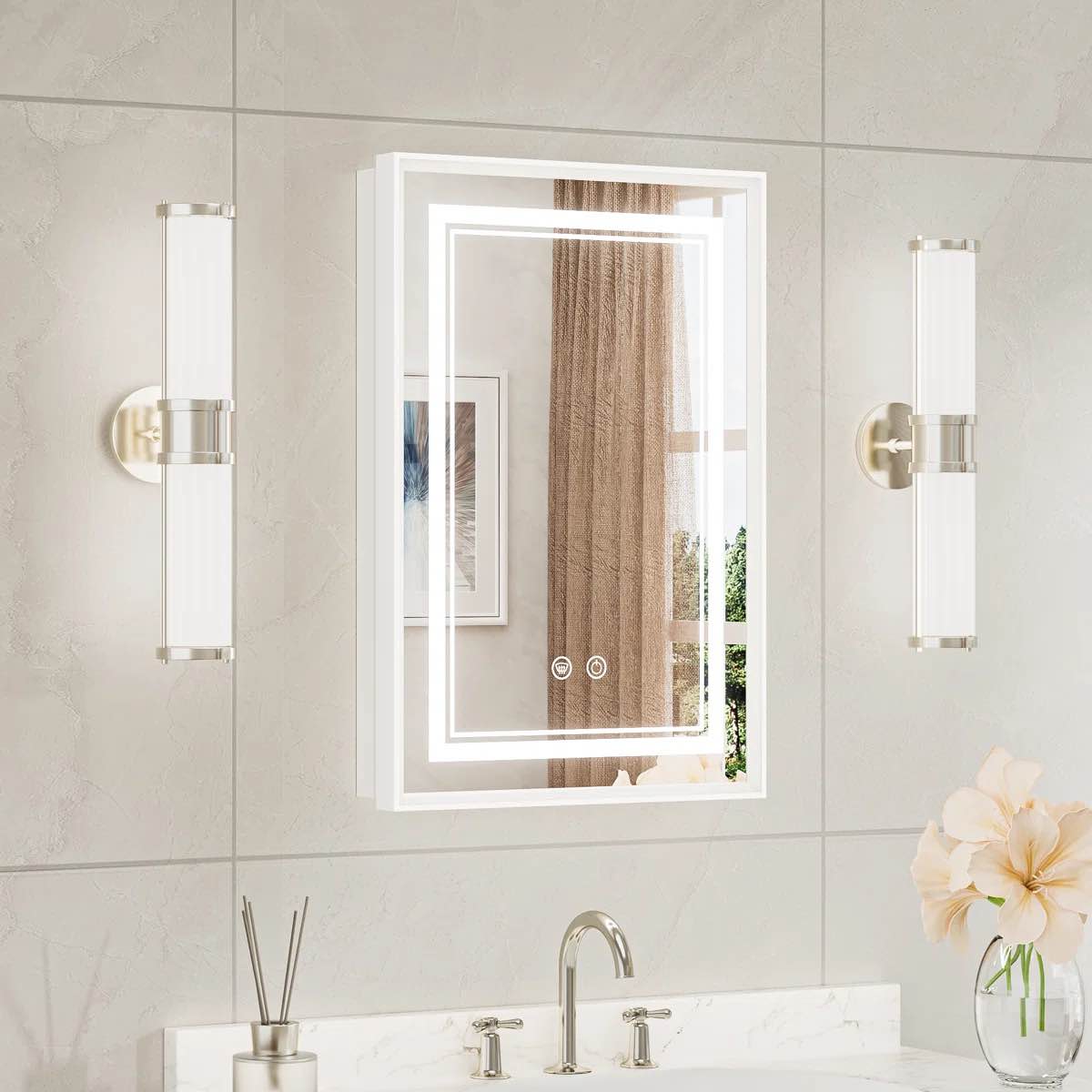 24" H x 16" W x 4" D Kassady Recessed & Surface Led Lighted Bathroom Medicine Cabinet Framed 3-Color 2 Outlets Defog Medicine Cabinet with Mirror, White