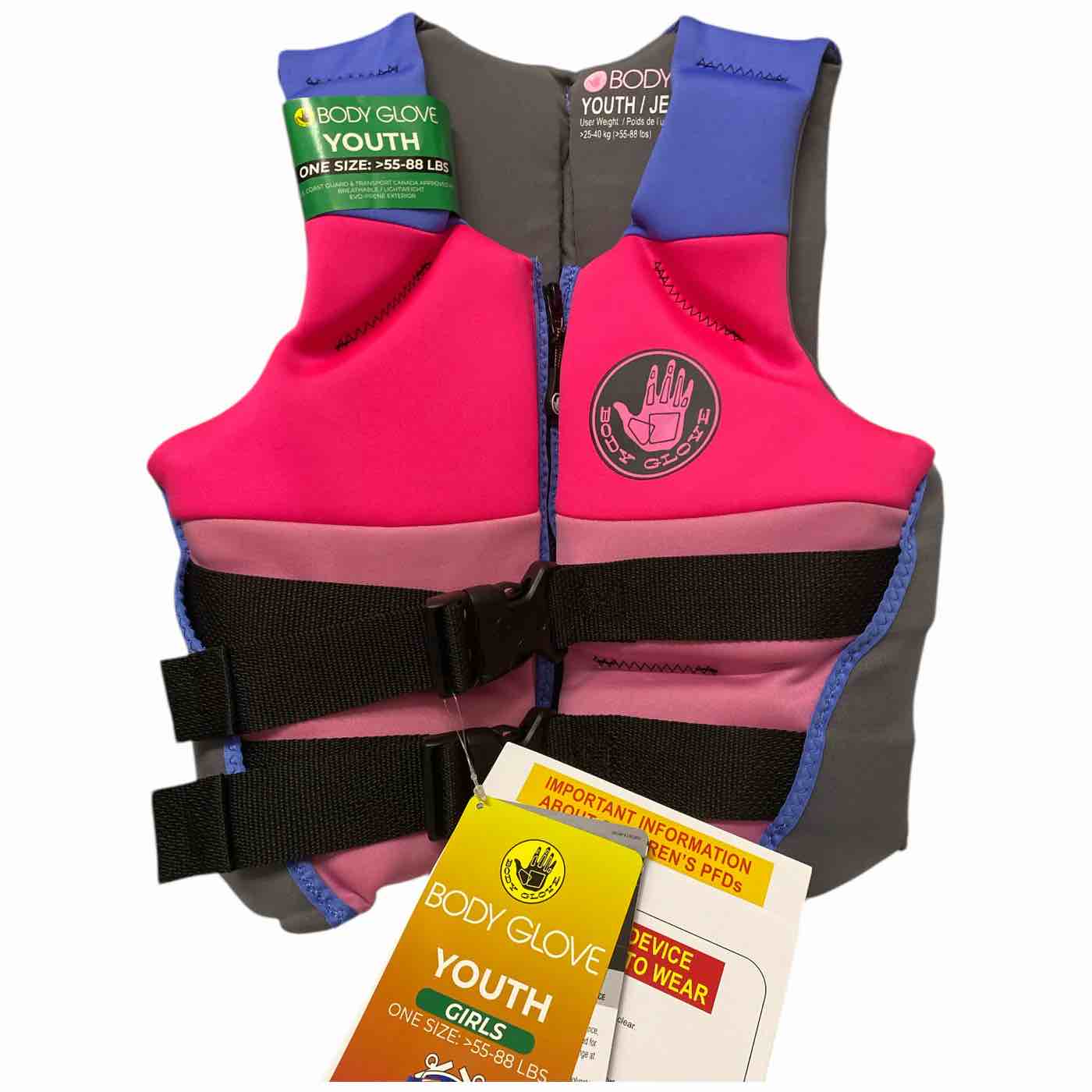 Body Glove Youth Girls PFD Coast Guard Approved Life Jacket, 55-88lbs, Pink
