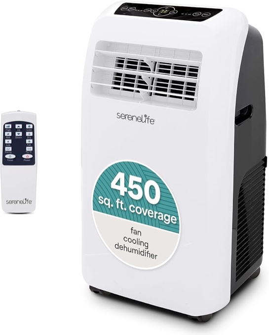 SereneLife Portable Electric Air Conditioner Unit-1150W 12000 BTU Power PlugIn AC Indoor Room Conditioning System w/ Cooler, Dehumidifier, Fan, Exhaust Hose, Window Seal, Wheels, Remote- SLPAC12,White