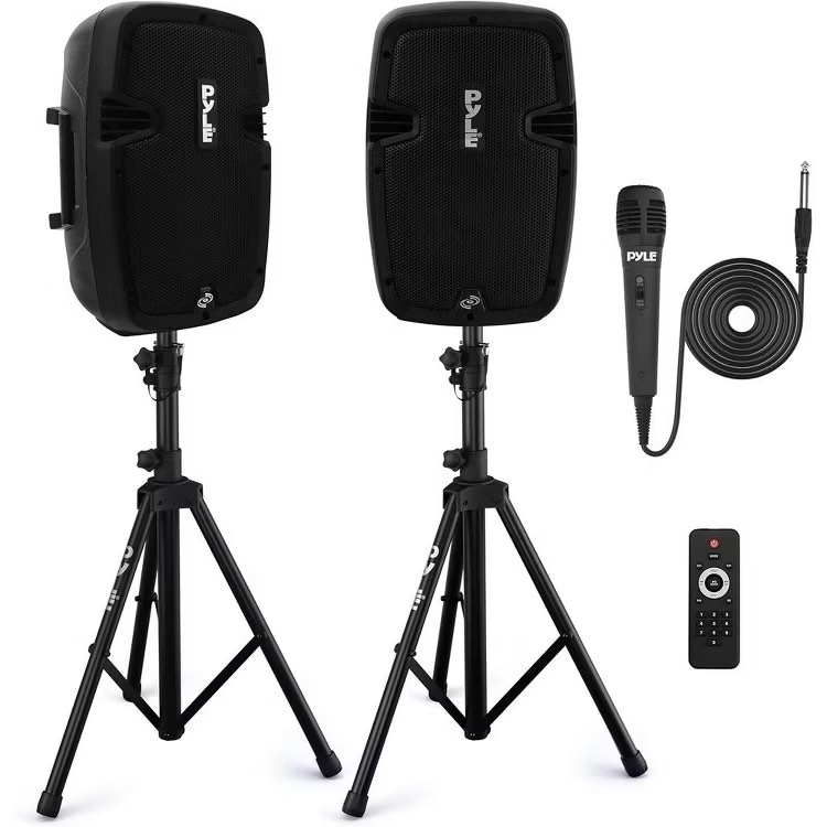 Pyle Powered PA Speaker System Active & Passive Bluetooth Loudspeakers Kit with 8 Inch Speakers, Wired Microphone, MP3/USB/SD/AUX Readers, Speaker Stands,Remote Control - Pyle PPHP849KT Black