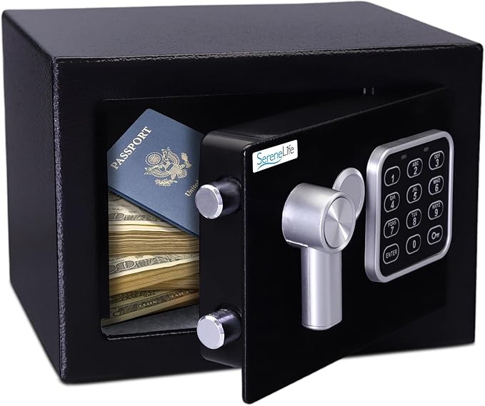 SereneLife Premium Steel Digital Safe Box - 9.1" x 6.7" x 6.7" | Secure Storage for Cash, Firearms & Jewelry | Great For Hotels, Cabinets & Home Use | Electronic & Mechanical Access | 2 Keys | Black Visit the SereneLife Store