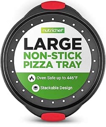 Non-Stick Pizza Tray - with Silicone Handle  Round Steel Non-stick Pan with Perforated Holes  Premium Bakeware  Pizza Tray with Silicone and Oversized Handle  Dishwasher Safe - NutriChef NCBPIZ1
