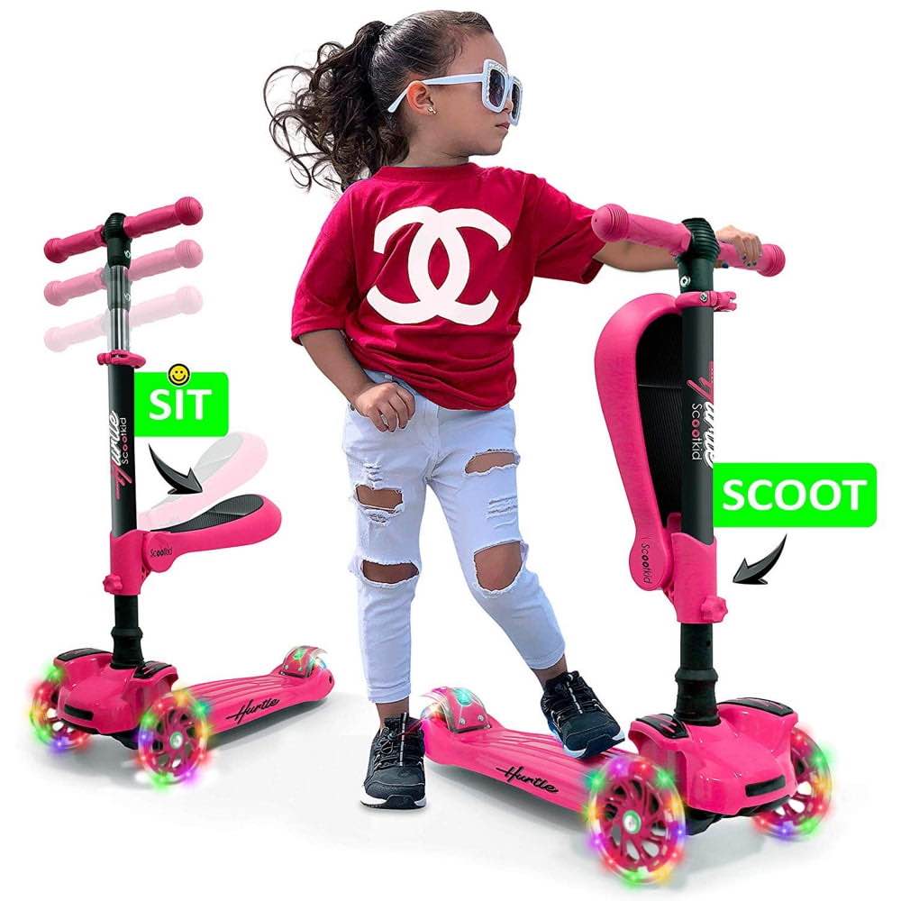 Hurtle ScootKid 3 Wheel Toddler Child Ride On Toy Scooter w/ LED Wheels  Pink