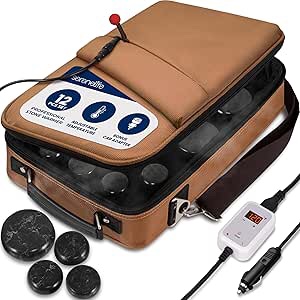 serenelife bundle of portable massage stone warmer set with 2 salt massage stones and 4 massage towels, electric spa hot stones massager and heater kit with 6 large and 6 small basalt massaging rocks