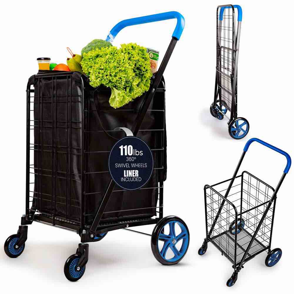 Shopping Cart with Wheels and Waterpoof Shopping Cart Liner - Robust Heavy Duty Shopping Carts with Wheels Supports up to 110 lbs - Portable Shopping Cart - 18.97" x 22.67" x 41.06"