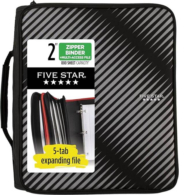Five Star Zipper Binder, 2 Inch 3-Ring Binder for School, 6 Pocket Expanding File, 380 Sheet Capacity, Black (72536)
