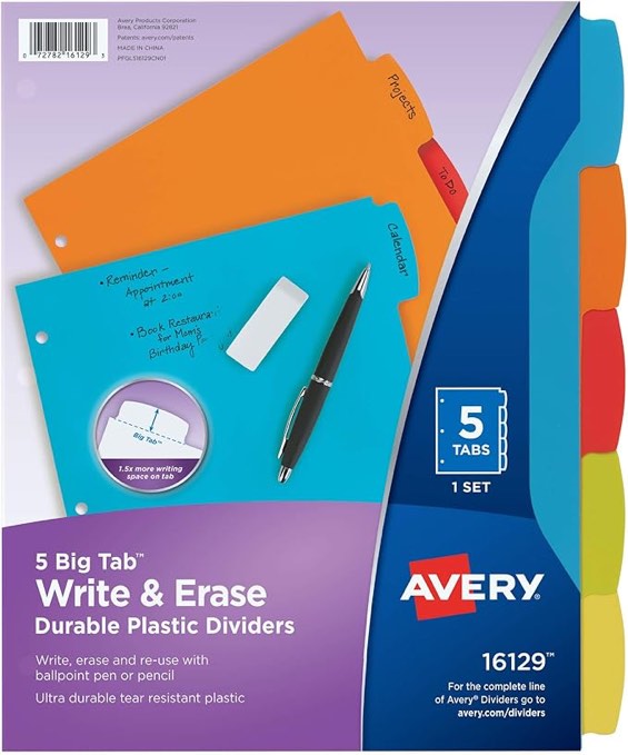 pack of 5 Avery Big Tab Write & Erase Durable Plastic Dividers for 3 Ring Binders, 5-Tab Set, Bright Multicolor, 1 Set (16129)