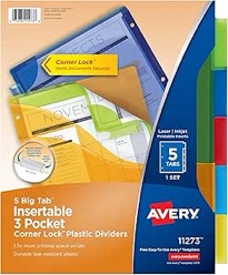 pack of 3 Avery 11273 Big Tab Plastic Dividers w/Three Pockets & Corner Lock, 5-Tab, 11 1/8 x 9 1/4