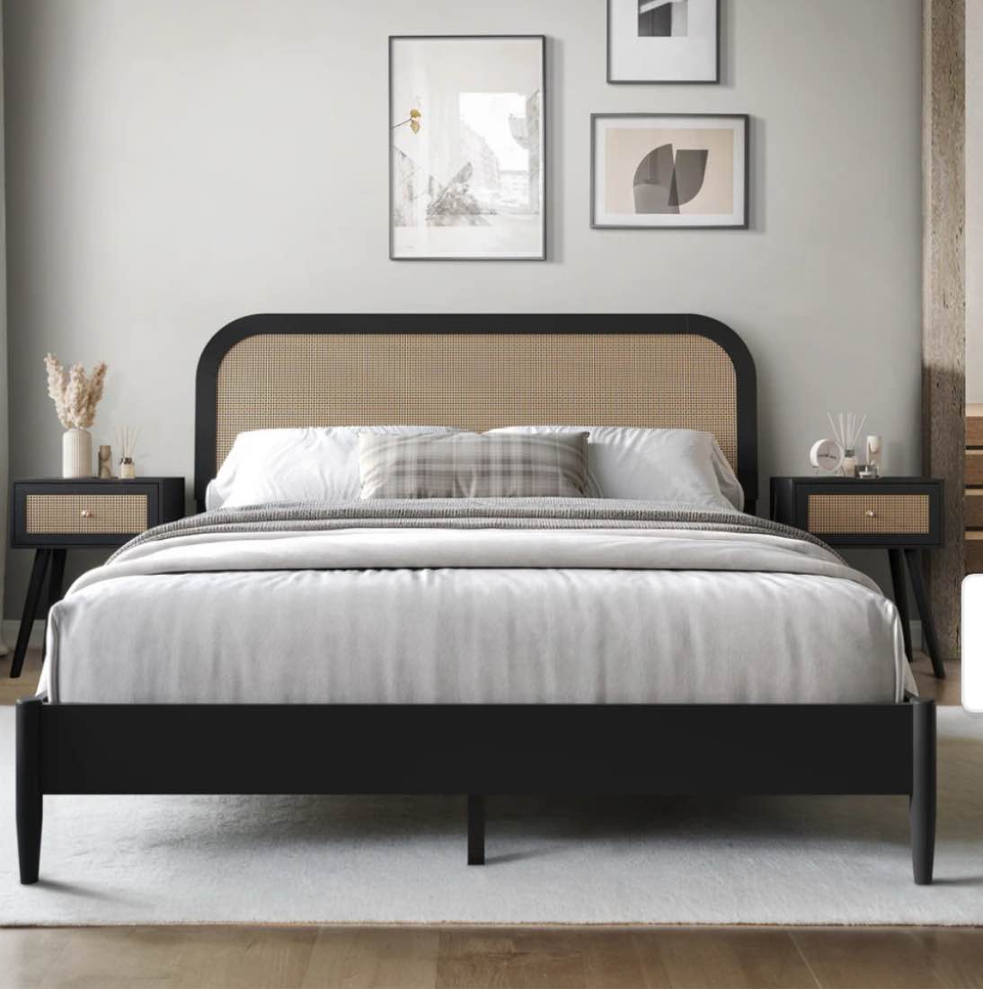 Craftporch Rustic Wooden Platform Bed with 2 Nightstand