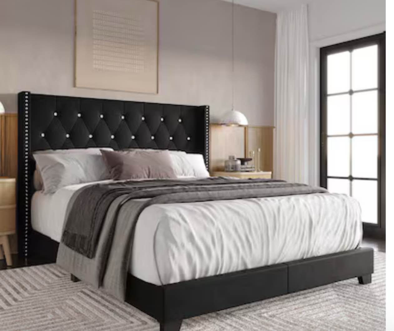 ChaletPosh Full Black Wood Tufted Upholstered Bed with Headboard