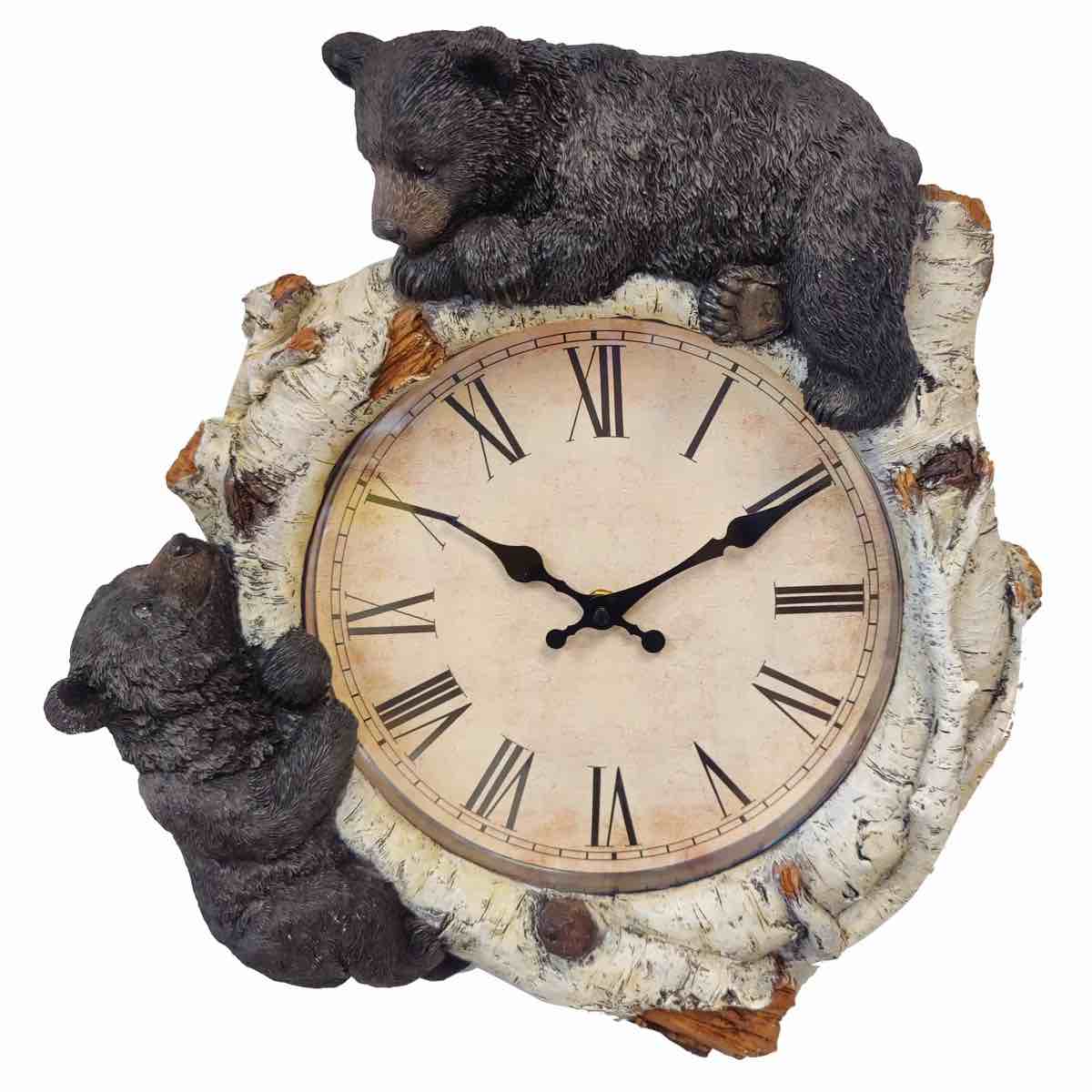 Colona Polyresin Faux Birch Wood with Black Bear Accent Analog Wall Clock