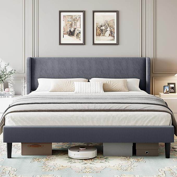 56" Velvet Wingback Bed Frame
