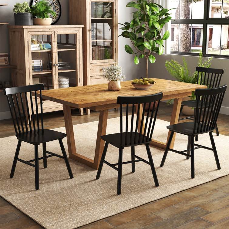Mid Century Windsor Back Solid Wood Dining Chair, Farmhouse Slat Back Side Chair For Kitchen/Dining Room Color: Black