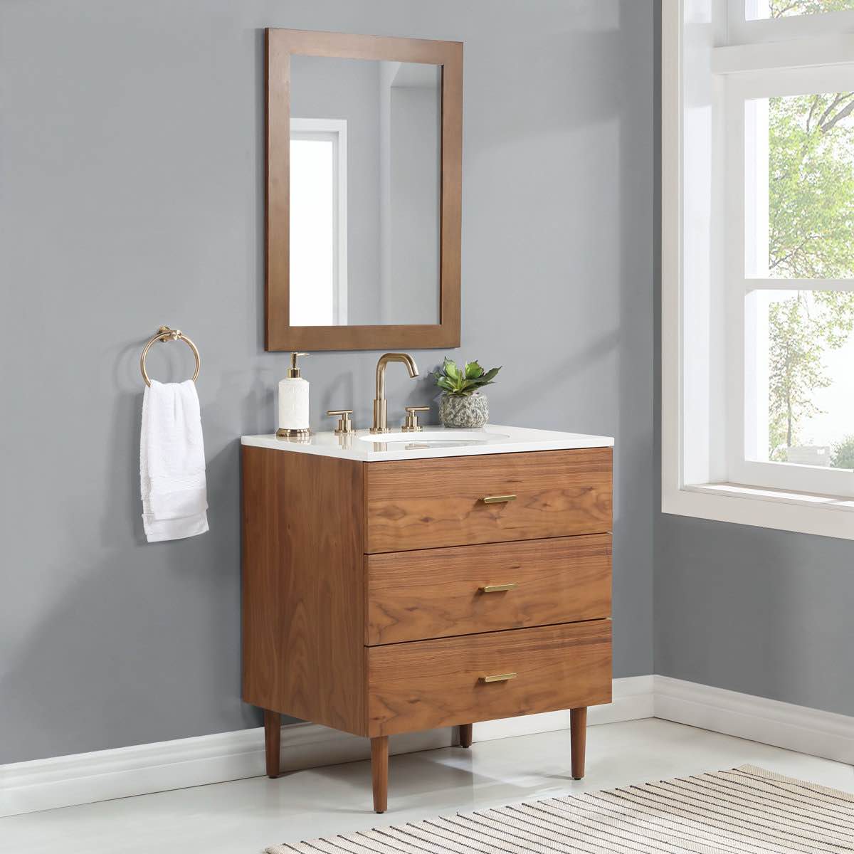 Condition photo showing New/Like New for Bathroom Vanity- Dondi 30'' Natural Walnut and Gold Single Bathroom Vanity with Quartz Countertop, 34'' H X 30'' W X 22'' D