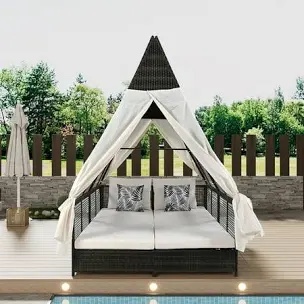 set of 2 Outdoor Daybed Patio Lounge Bed With Adjustable Backrest Outdoor Double Sun Lounger With Curtains, 4 Pillows For Garden Patio Poolside Balcony Beach
