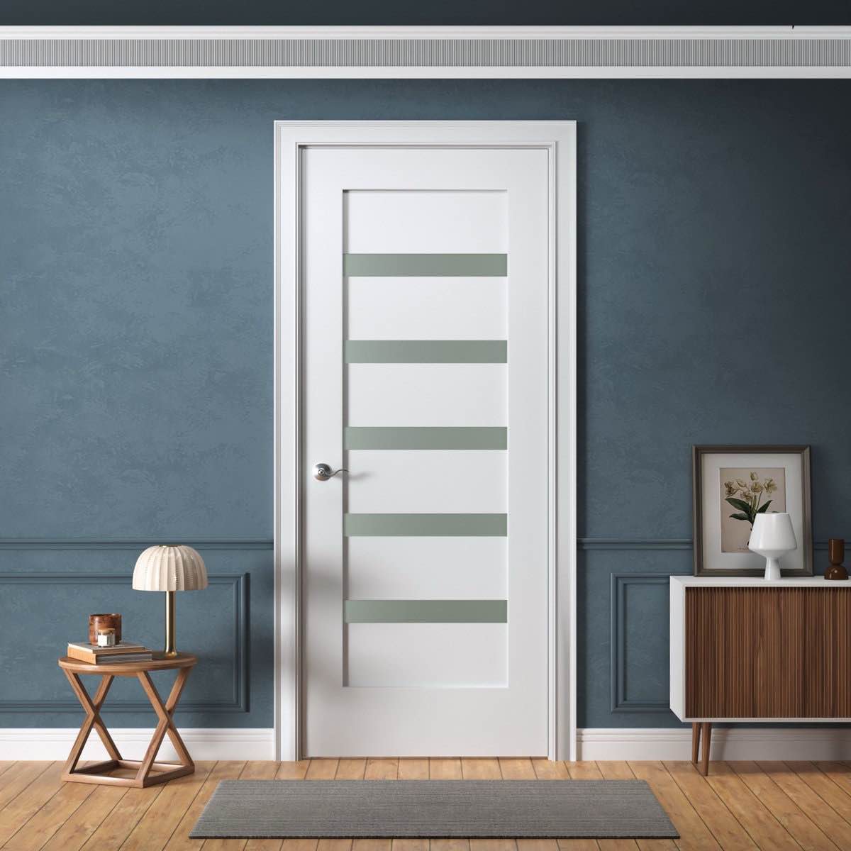 Interior Door Slab Only (Not Prehung), 5-Lite Small Frosted Glass Design, White Primed, Solid Core, Not Pre-Drilled, 32 x 80