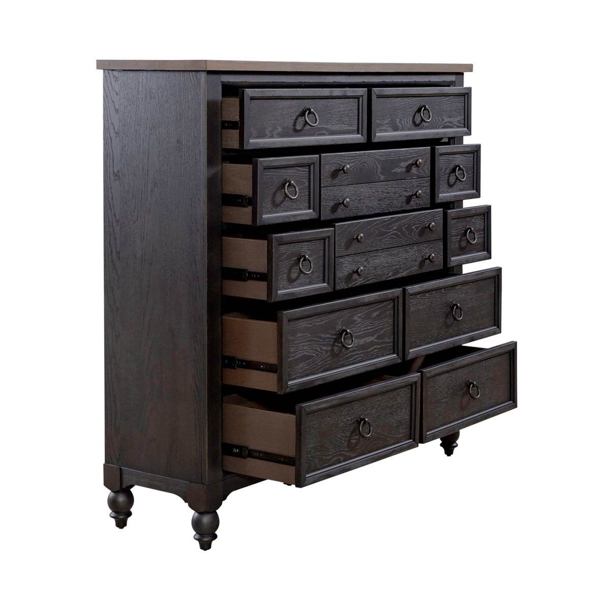 Condition photo showing New/Like New for Black & Walnut Aisja 12 Drawer Chesser with Velvet Lined Top Drawers- very minor cosmetic defects on top right and center drawer (both pictured) easily fixed with a furniture marker