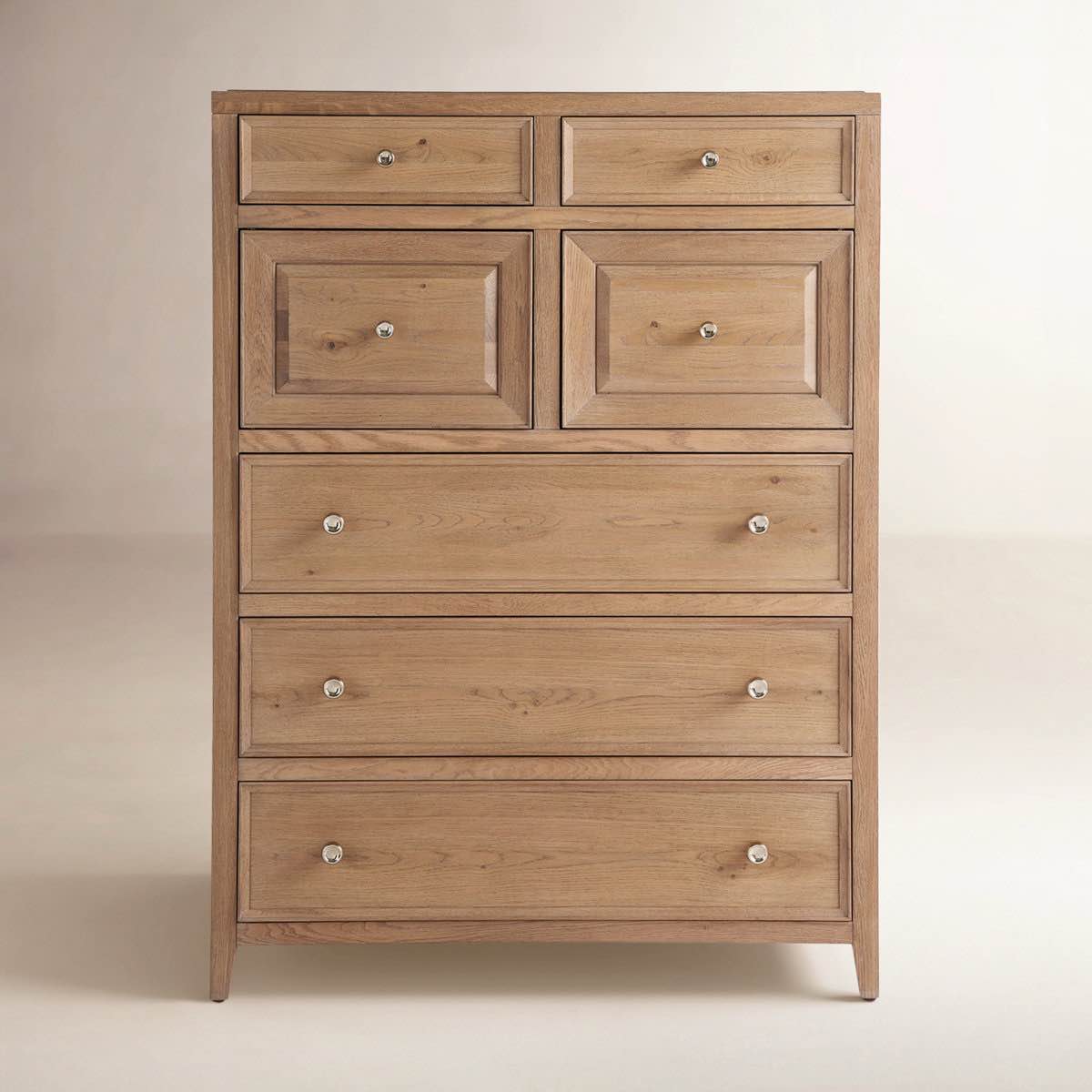 Condition photo showing New/Like New for Coastal Living™ Weekender 7 Drawer Dresser in Oak- very minor cosmetic imperfections on left top corner (pictured), 60'' H X 44'' W X 19'' D