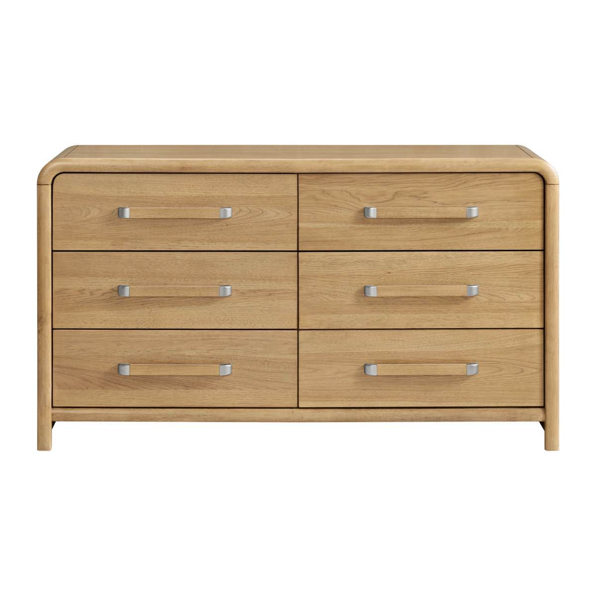 Condition photo showing As Is for Grith 64" Wide Mid-Century 6-Drawer Dresser in Natural Hickory Finish, Handle hardware needs replaced, large scrapes across top, wood chipped on back of unit, bottom drawers chipped along sides (all pictured)