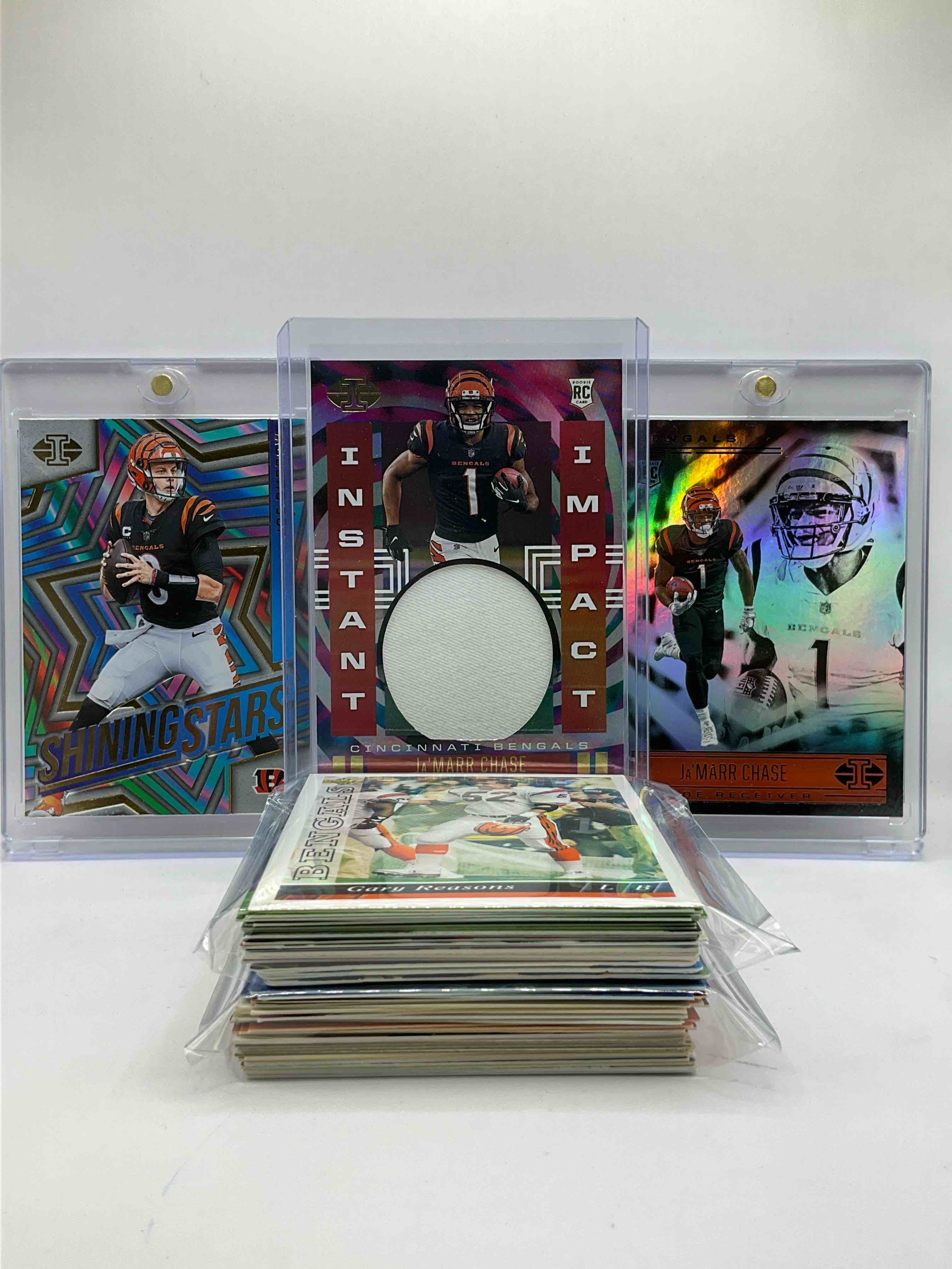 Illusions Palooza! Illusions Instant Impact Ja’marr Chase Jersey Rookie Card Wow! Joe Burrow Shining Stars Card, Ja’marr Chase Illusions Rookie & More! 50 Card Bengals! Vintage & New Commons Included! Wow!
