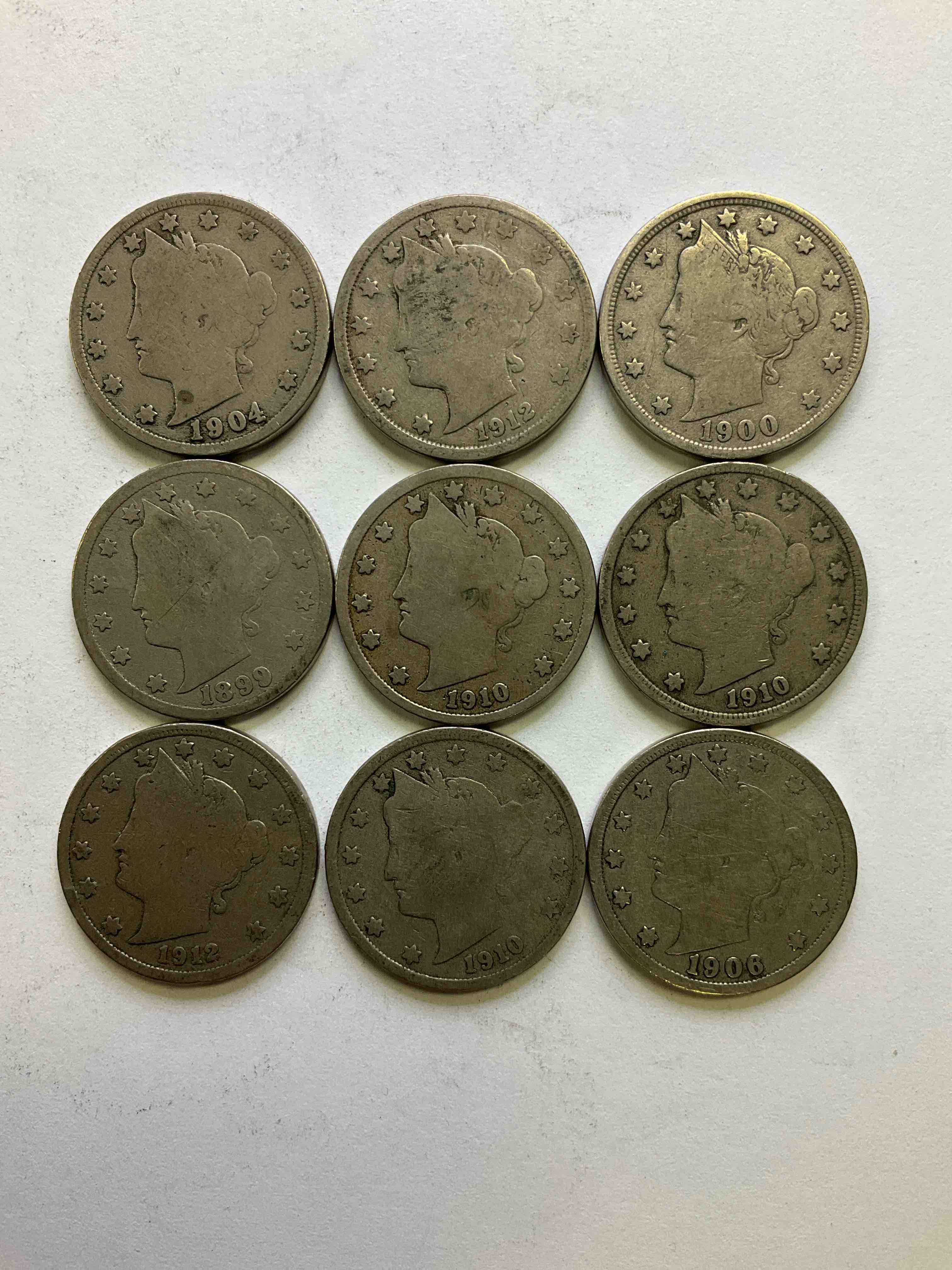 Antique U.S. "V" Nickels, Including 1912 Version, Year Of The Titanic! Think Of The History These Coins Have Seen!, Liberty Head V Nickels Were Minted Up Until 1913 & Were The Style Of Nickels Before Buffalo Nickels. Own Some Cool Pieces Of History! Rare To See These Coins With The "Date On" In Circulated Condition!
