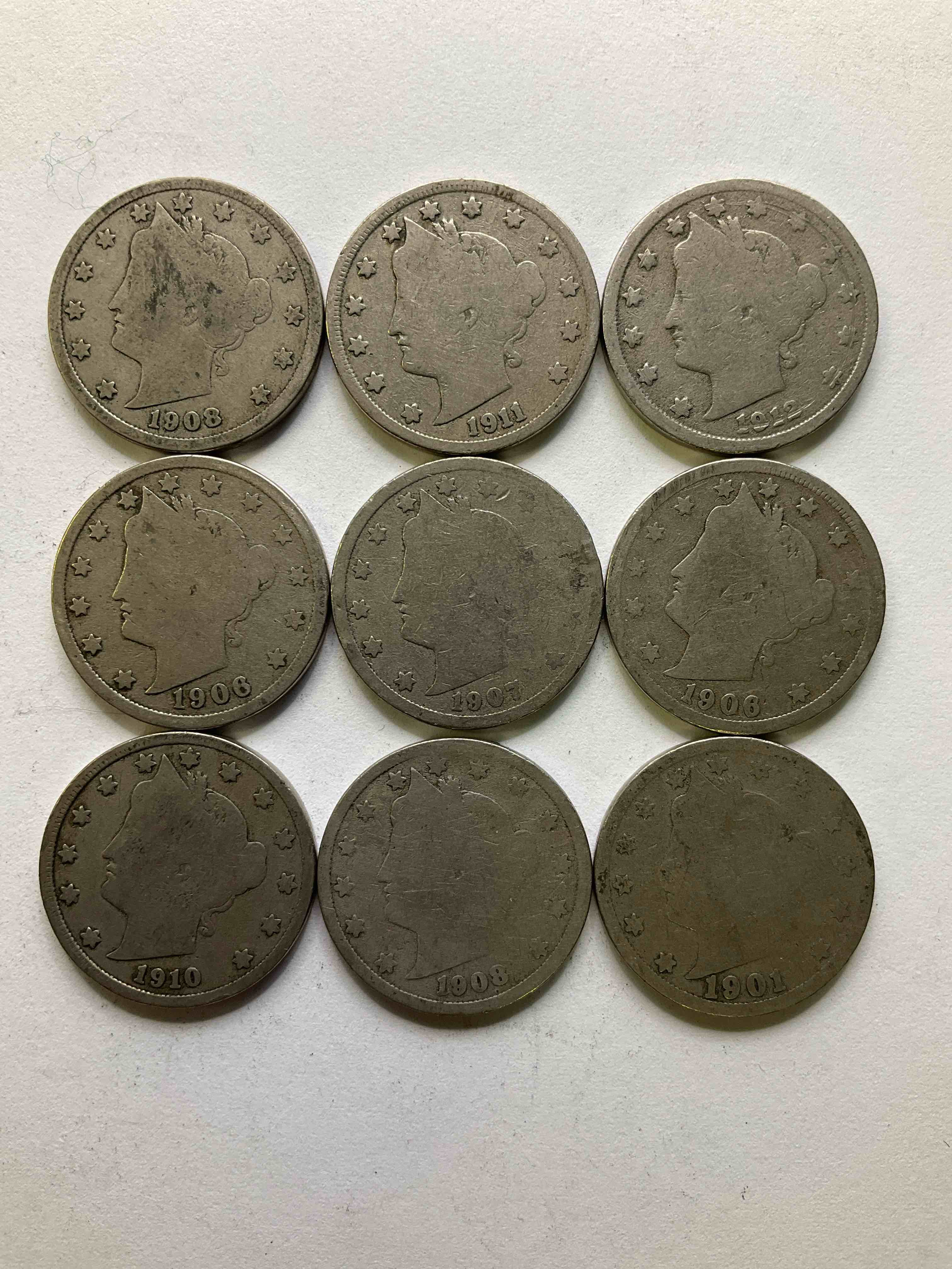 Antique U.S. "V" Nickels, Including 1912 Version, Year Of The Titanic! Think Of The History These Coins Have Seen!, Liberty Head V Nickels Were Minted Up Until 1913 & Were The Style Of Nickels Before Buffalo Nickels. Own Some Cool Pieces Of History! Rare To See These Coins With The "Date On" In Circulated Condition!