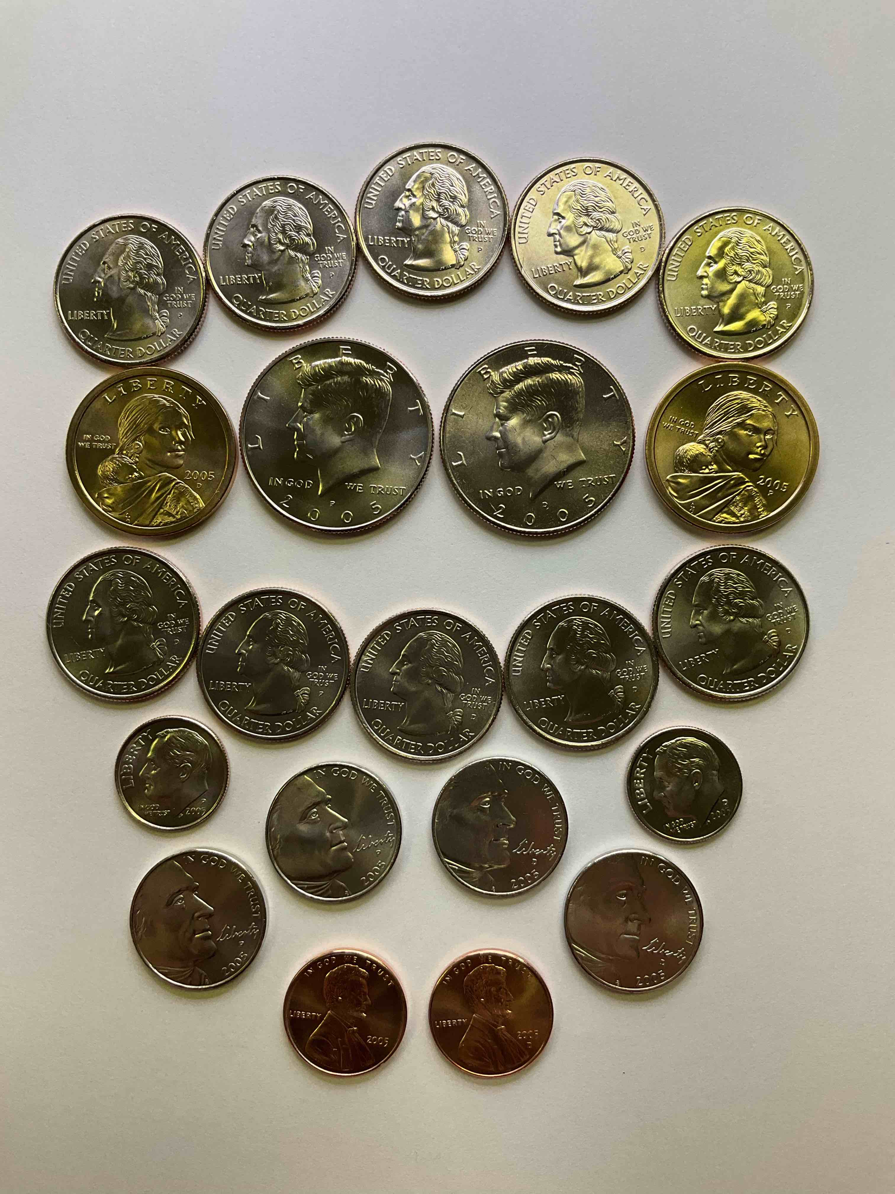 2005 Philadelphia & Denver Mint Set Coins! 20 Coin Mint Set, Including Sacagawea Dollars, Half Dollars, State Quarters, Nickels, Dimes & Pennies! Wow!