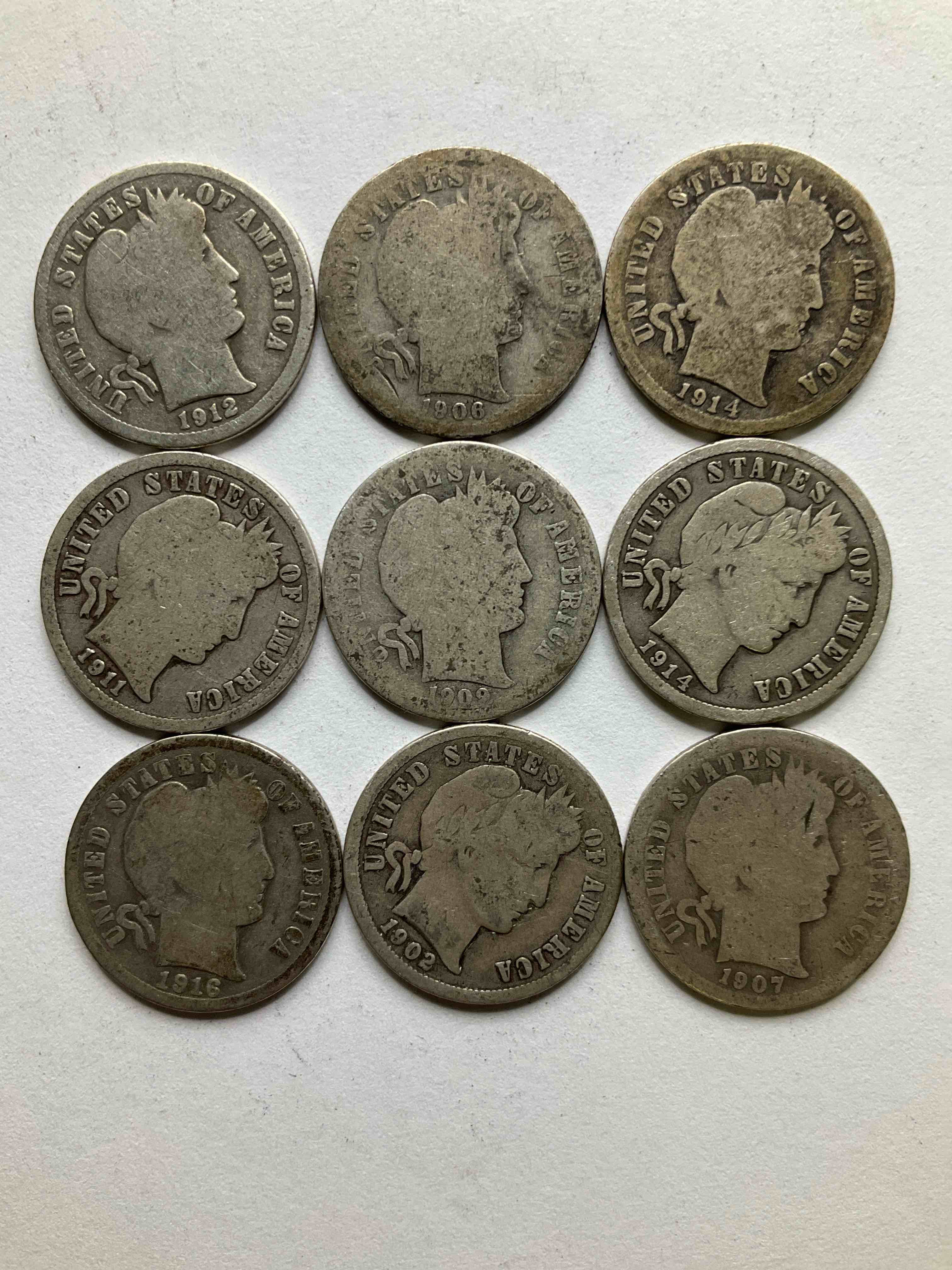 Antique Silver Barber Dimes! Barber Dimes Were Minted From 1892 to 1916 & Are Serious, Fine Silver Collector Items! They Replaced Seated Liberty Dimes. Barber Dimes Are 90% Fine U.S. Silver & Are Getting Seriously Hard To Come By! Awesome To Add To Any Collection. Invest In U.S. Silver!