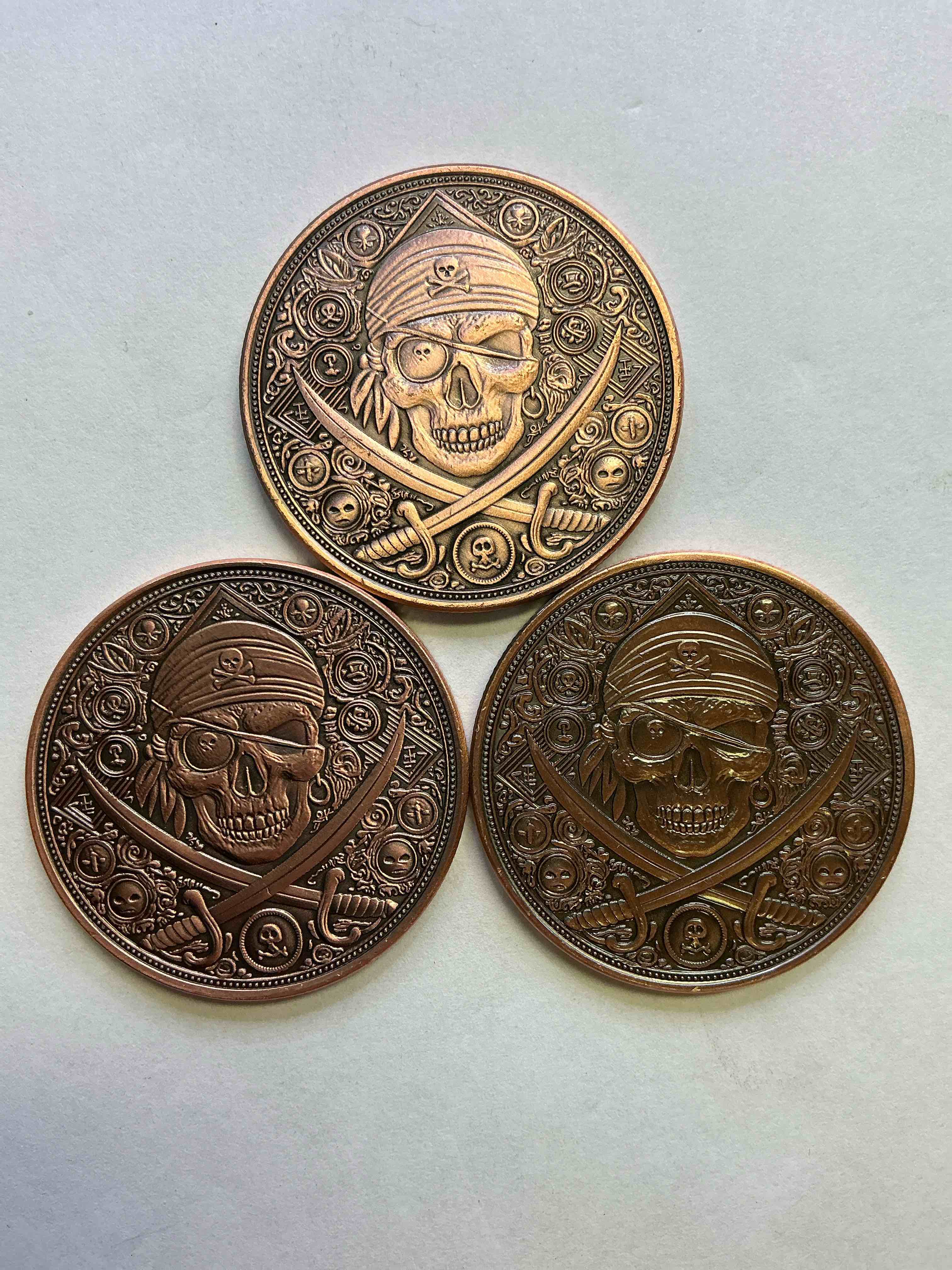 Pure Copper "Pirate Treasure!" Check Out These Large, Heavy 1.5" Diameter Pure Copper Coins In The Style Of Pirate & Aztec Treasure! Coins Are Stunning Conversation Pieces. Makes For A Great Gift, & Investment In Fine U.S. Copper!