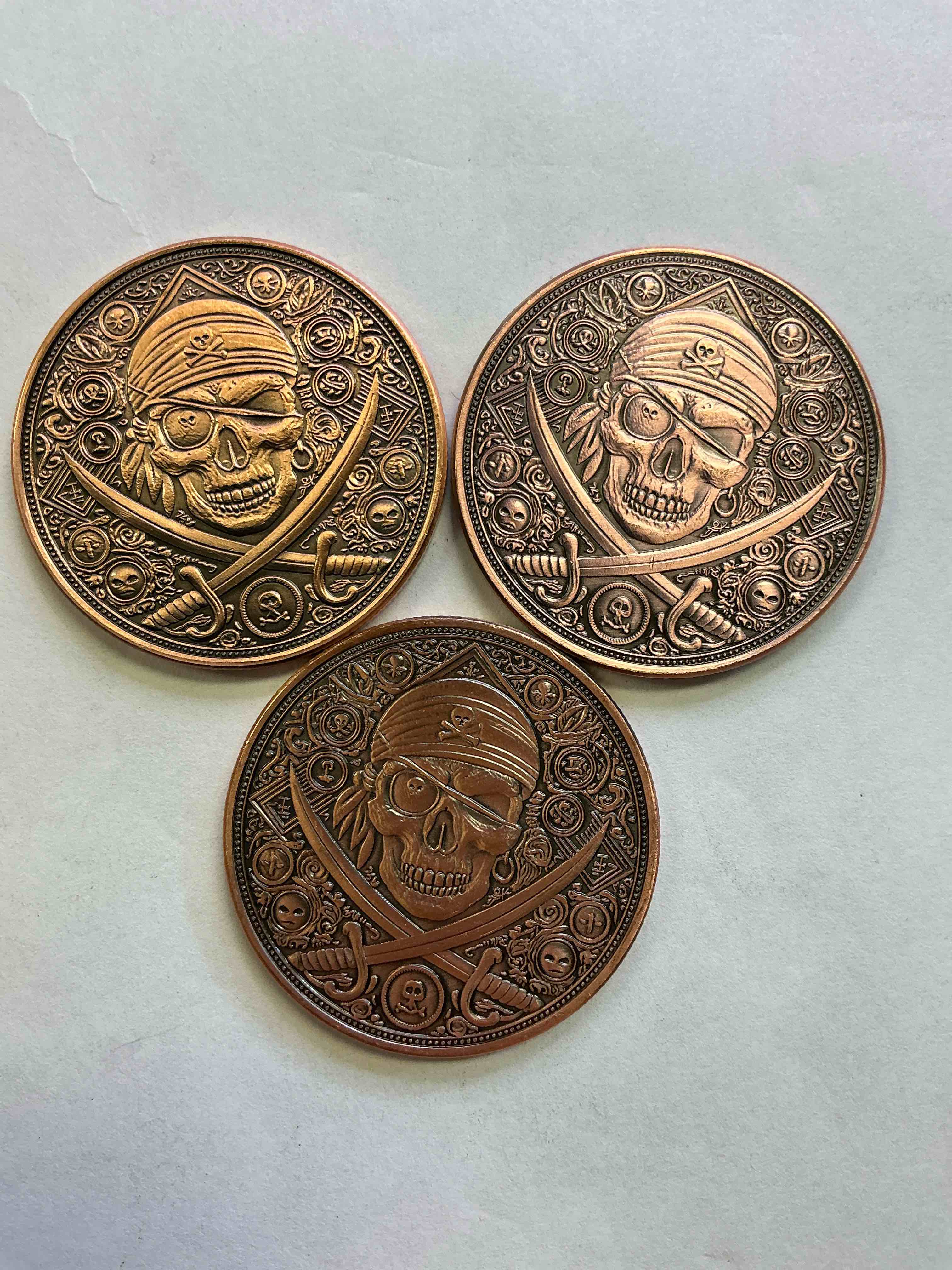 Pure Copper "Pirate Treasure!" Check Out These Large, Heavy 1.5" Diameter Pure Copper Coins In The Style Of Pirate & Aztec Treasure! Coins Are Stunning Conversation Pieces. Makes For A Great Gift, & Investment In Fine U.S. Copper!