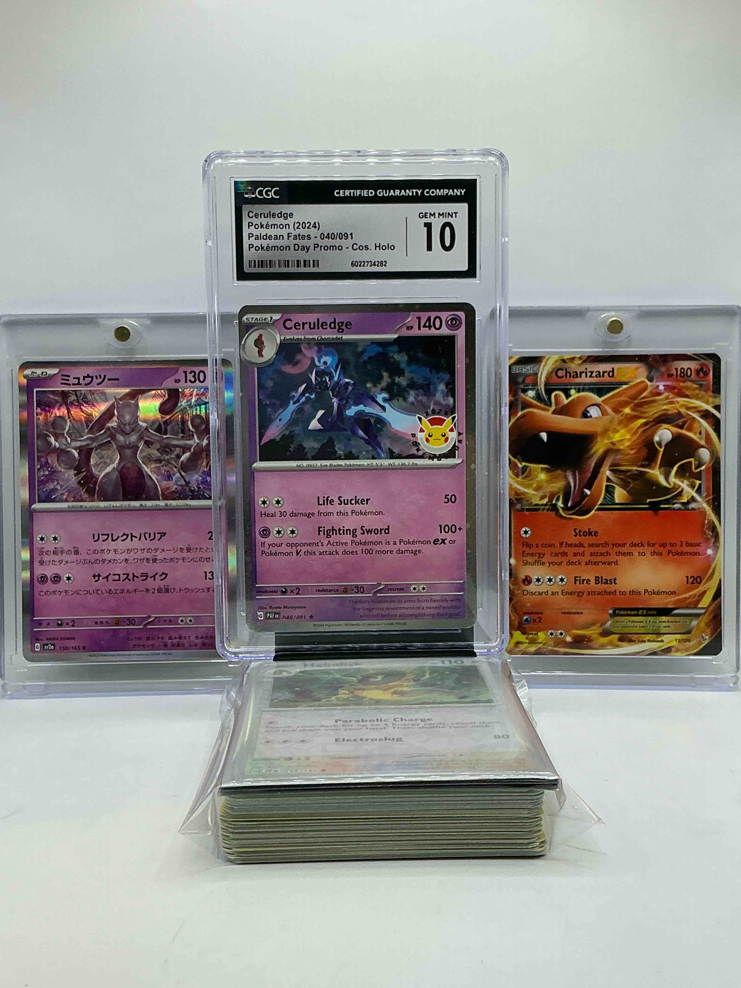 Gem Mint 10 Ceruledge HOLO, MEWTWO Japanese Holo & Charizard EX Rare Card… Along With Commons, Holos & Heroes! 50 Card Lot!