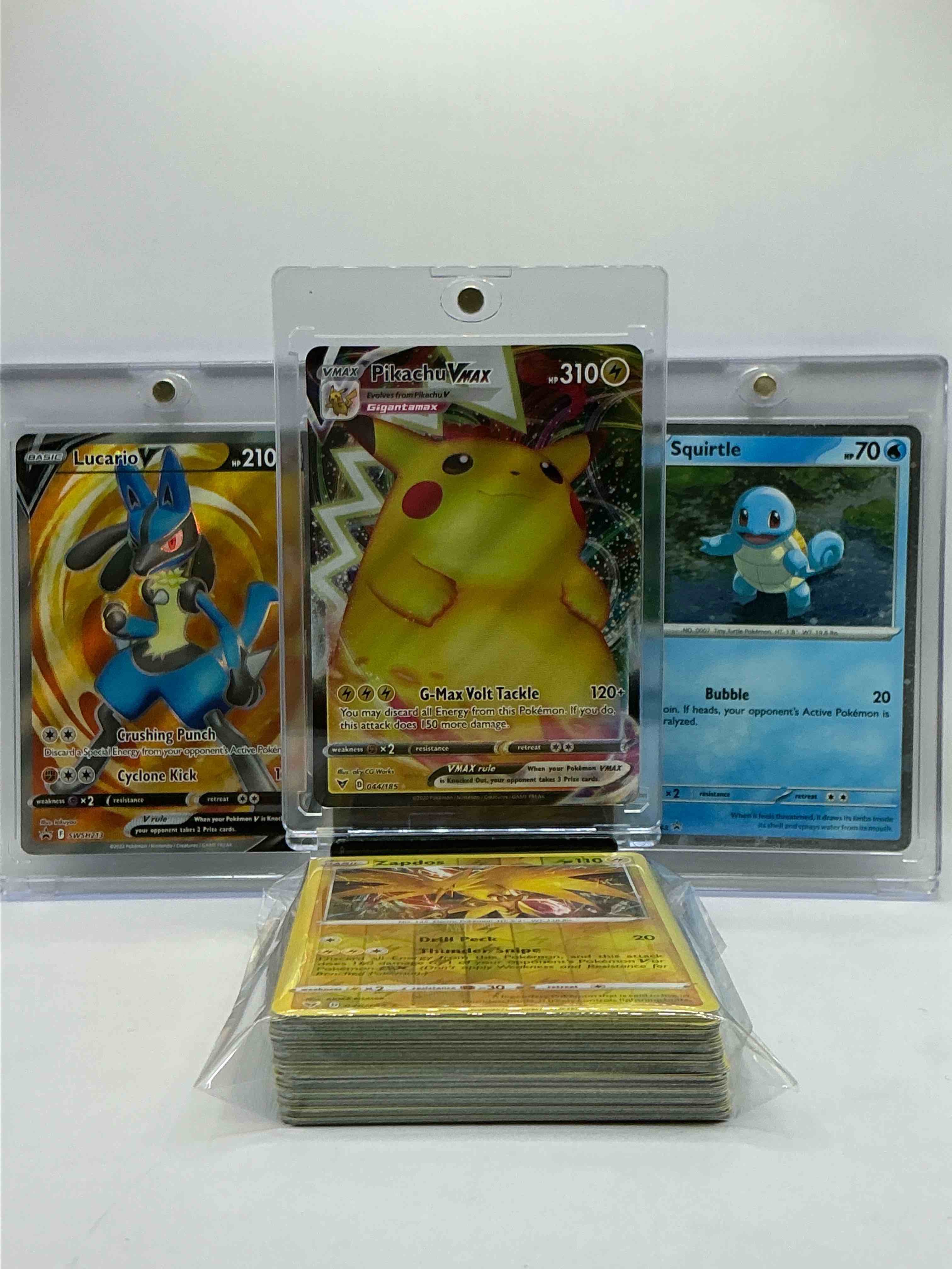 Pikachu, Lucario, Squirtle & More! Pikachu VMAX Holo, Lucario V Holo & More… 50 Card Lot Filled With Holos, Commons & More! Insane 50 Card Lot! Some Of The Best Pokemon Cards Out There!