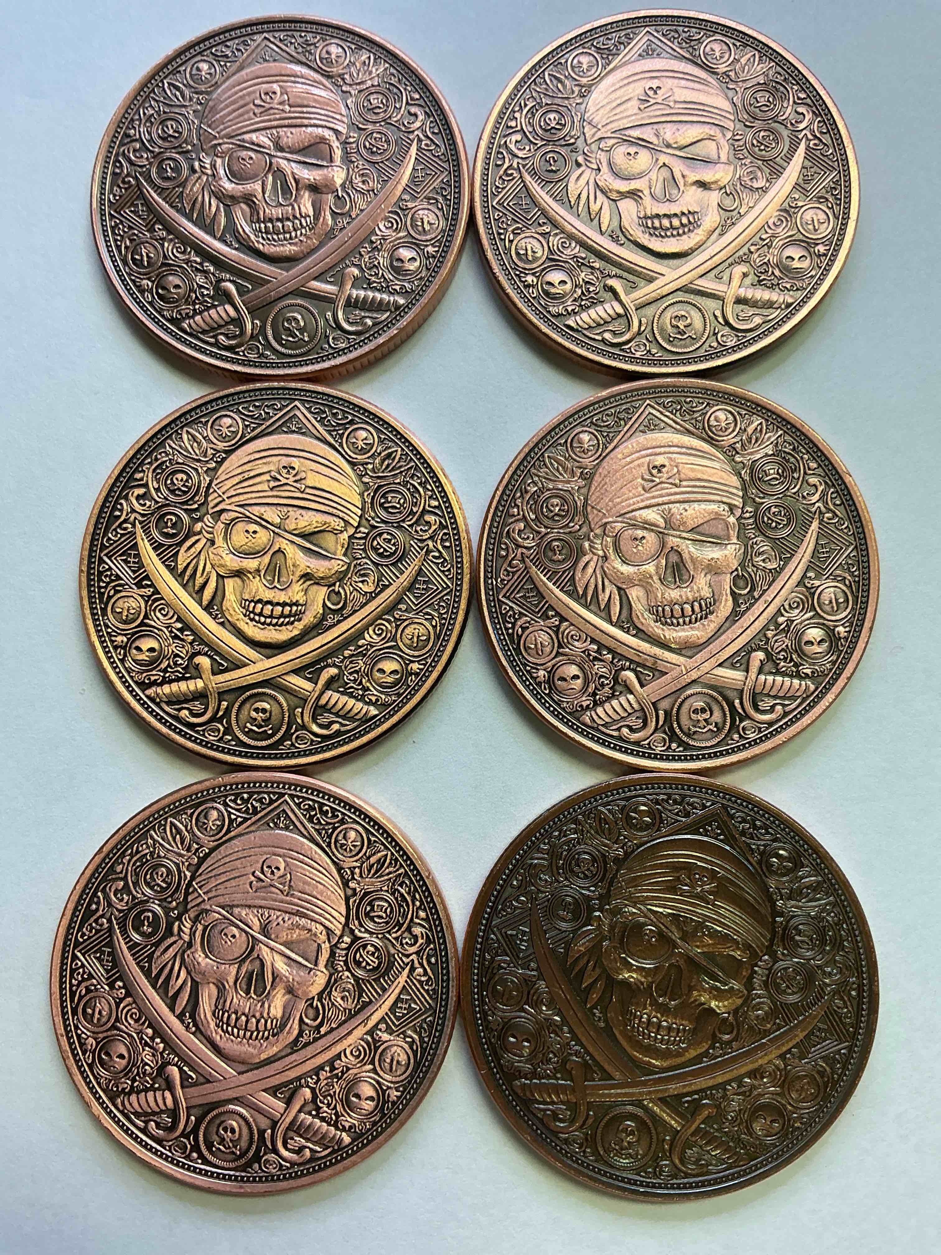 Pure Copper "Pirate Treasure!" Check Out These Large, Heavy 1.5" Diameter Pure Copper Coins In The Style Of Pirate & Aztec Treasure! Coins Are Stunning Conversation Pieces. Makes For A Great Gift, & Investment In Fine U.S. Copper!