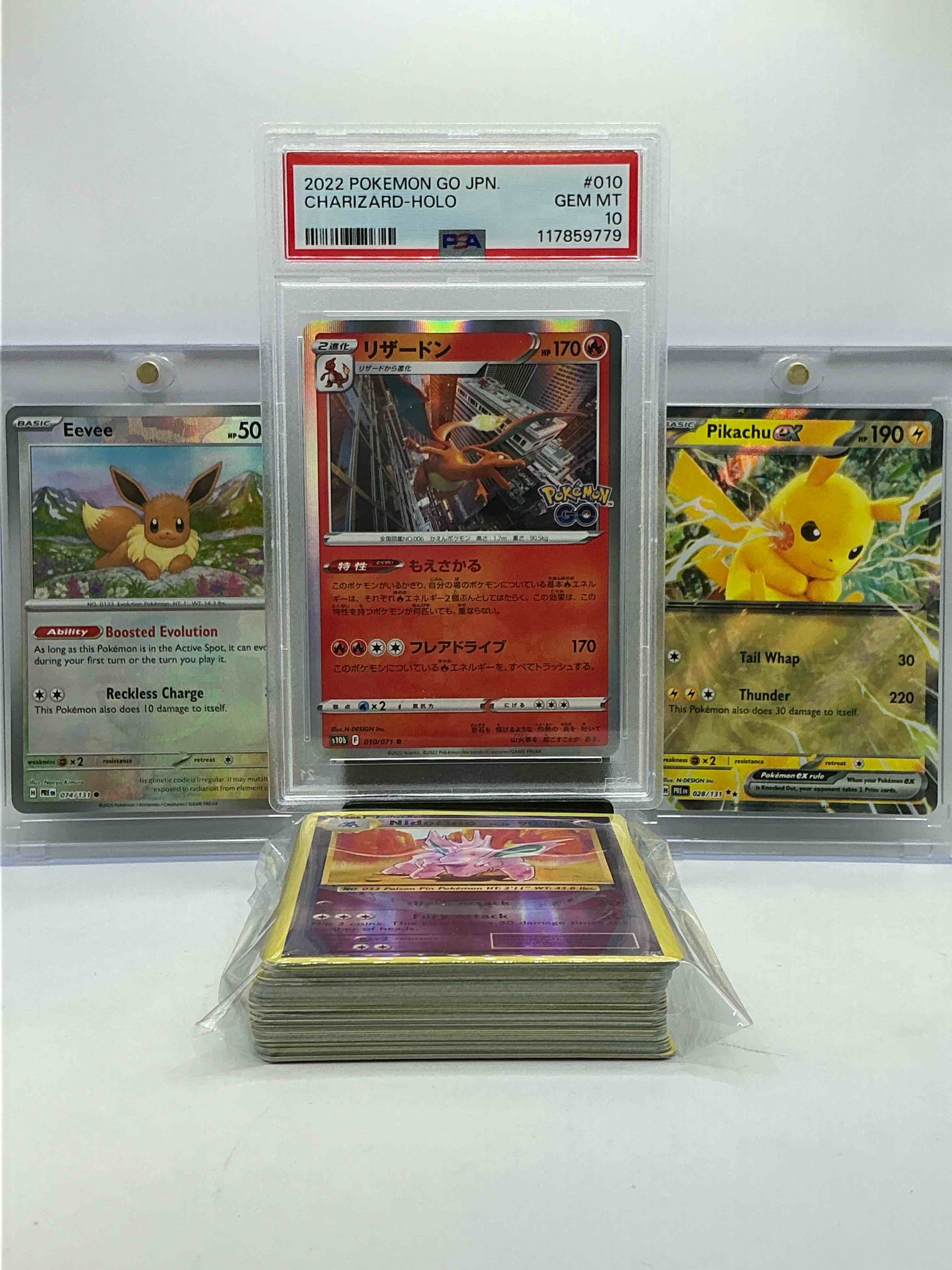 Charizard Holo Gem Mint PSA 10 What!? Pikachu, Eevee Holo Card Combo! Pikachu EX WOW! 50 Card Pokémon Lot! Commons, Holos, Heroes & More! Insane!