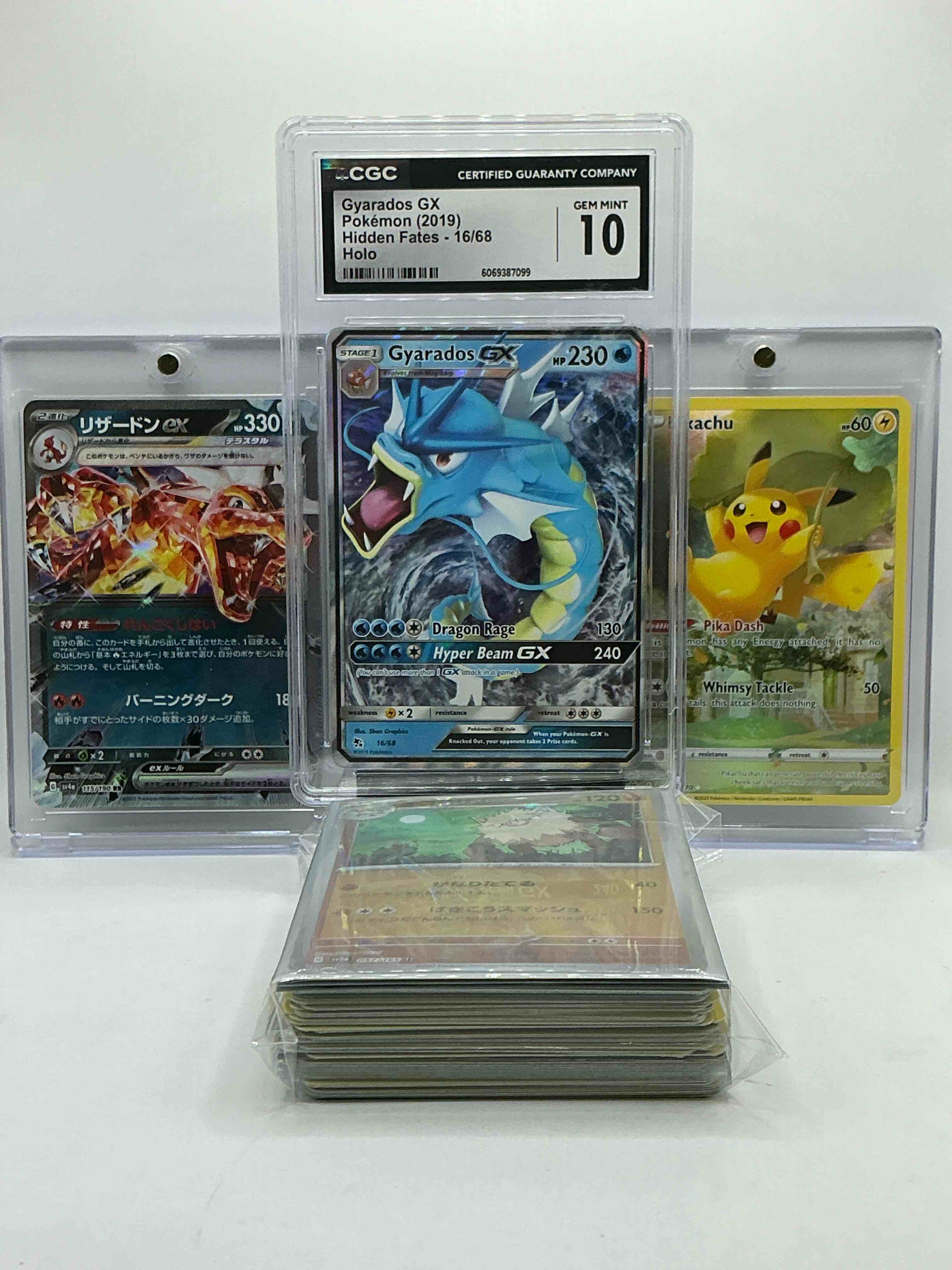 Gyarados GX Gem Mint 10 Holo Card, Charizard EX Holo Card & Pikachu Holo, WOW, Perfect Pokémon Combo! 50 Card Pokémon Lot, Filled With Commons, Holos & More!
