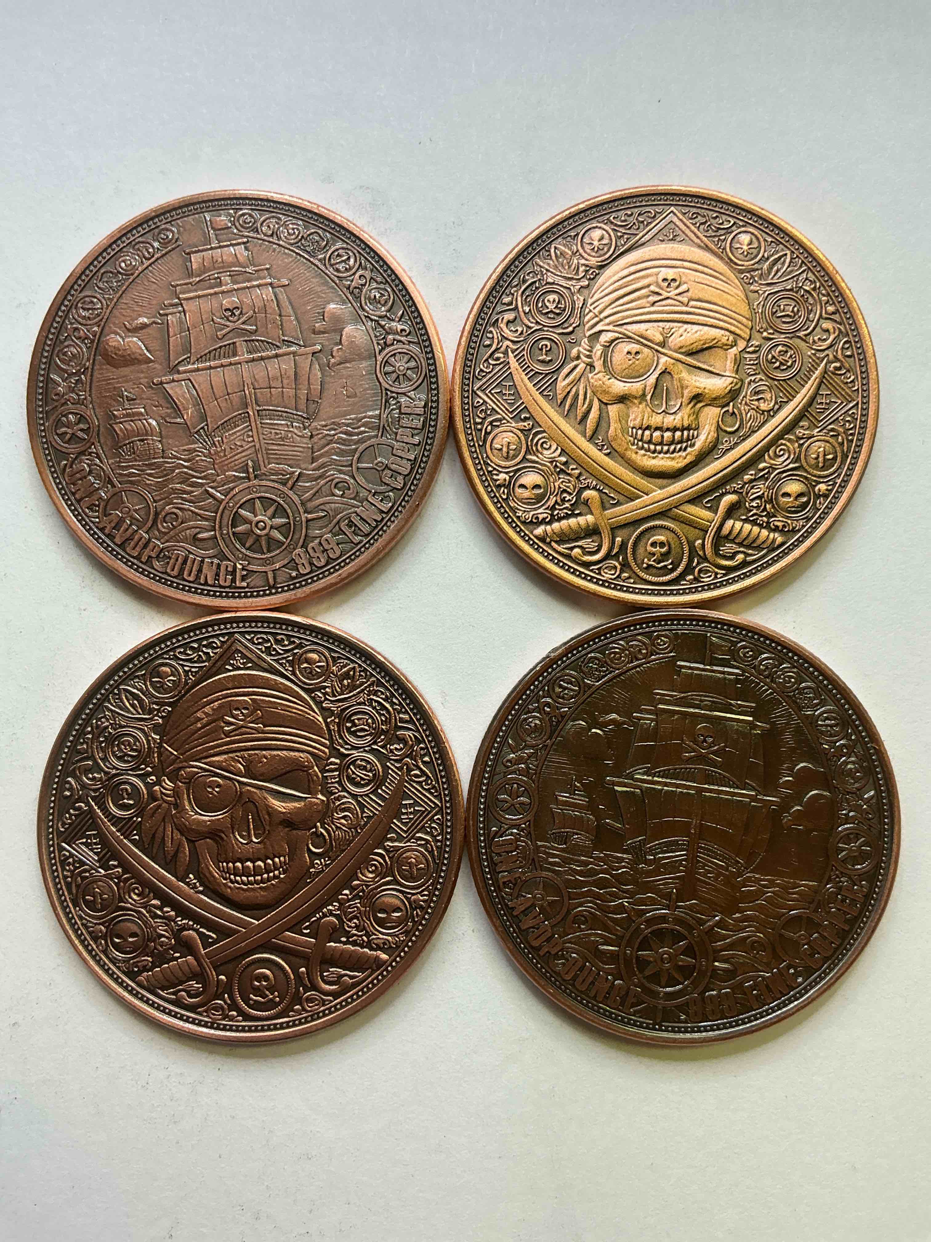 pure copper "pirate treasure!" check out these large, heavy 1.5" diameter pure copper coins in the style of pirate & aztec treasure! coins are stunning conversation pieces. makes for a great gift, & investment in fine u.s. copper!