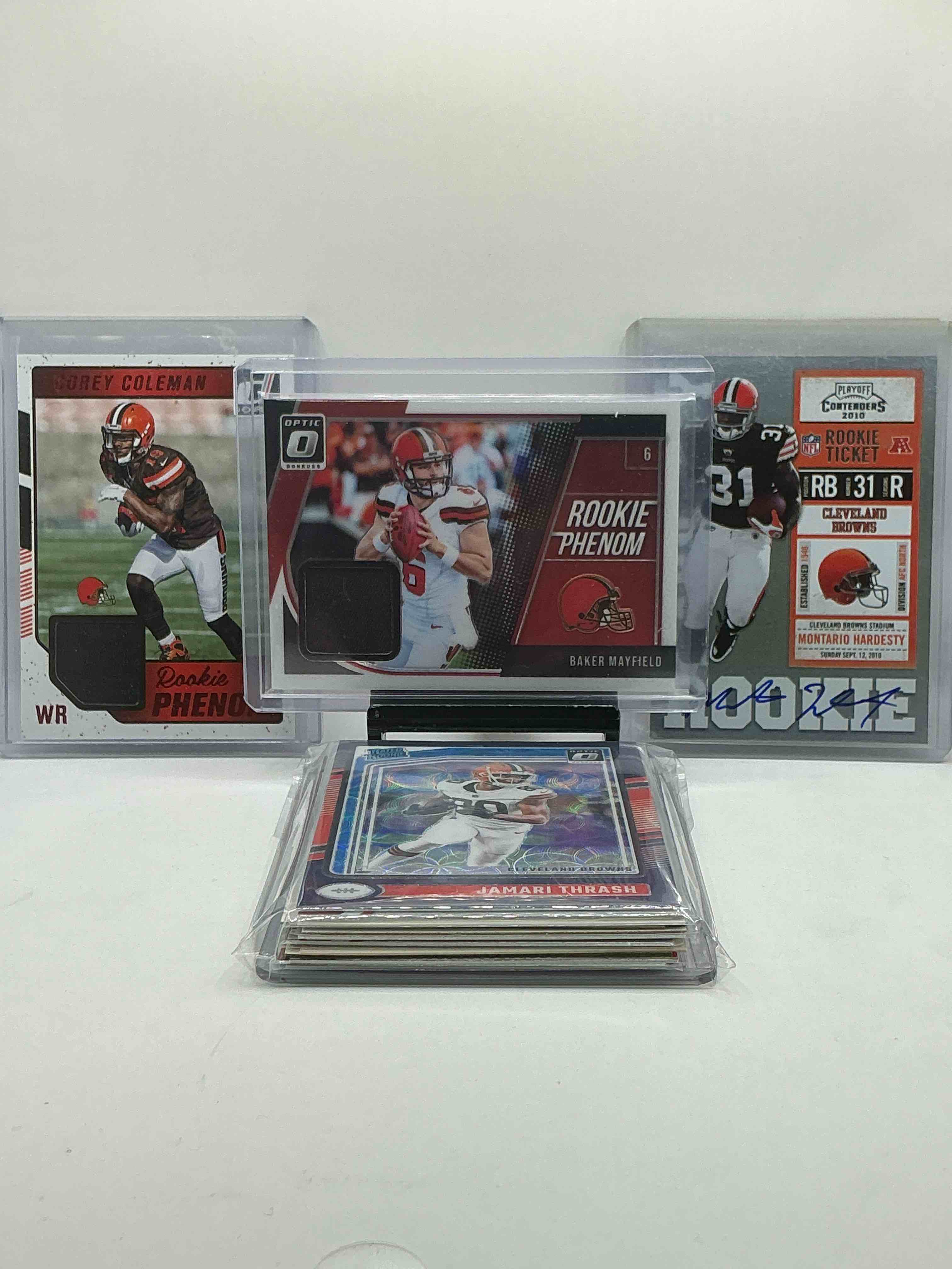 Baker Mayfield Optic Rookie Jersey Card Player Worn By Baker, Corey Coleman Donruss Player Worn Jersey Card, Montario Hardesty Auto, Jamari Thrash Optic Rookie & So Many More! WOW 20 Card Browns Lot, Vintage & New… Commons & Heroes… Wow!