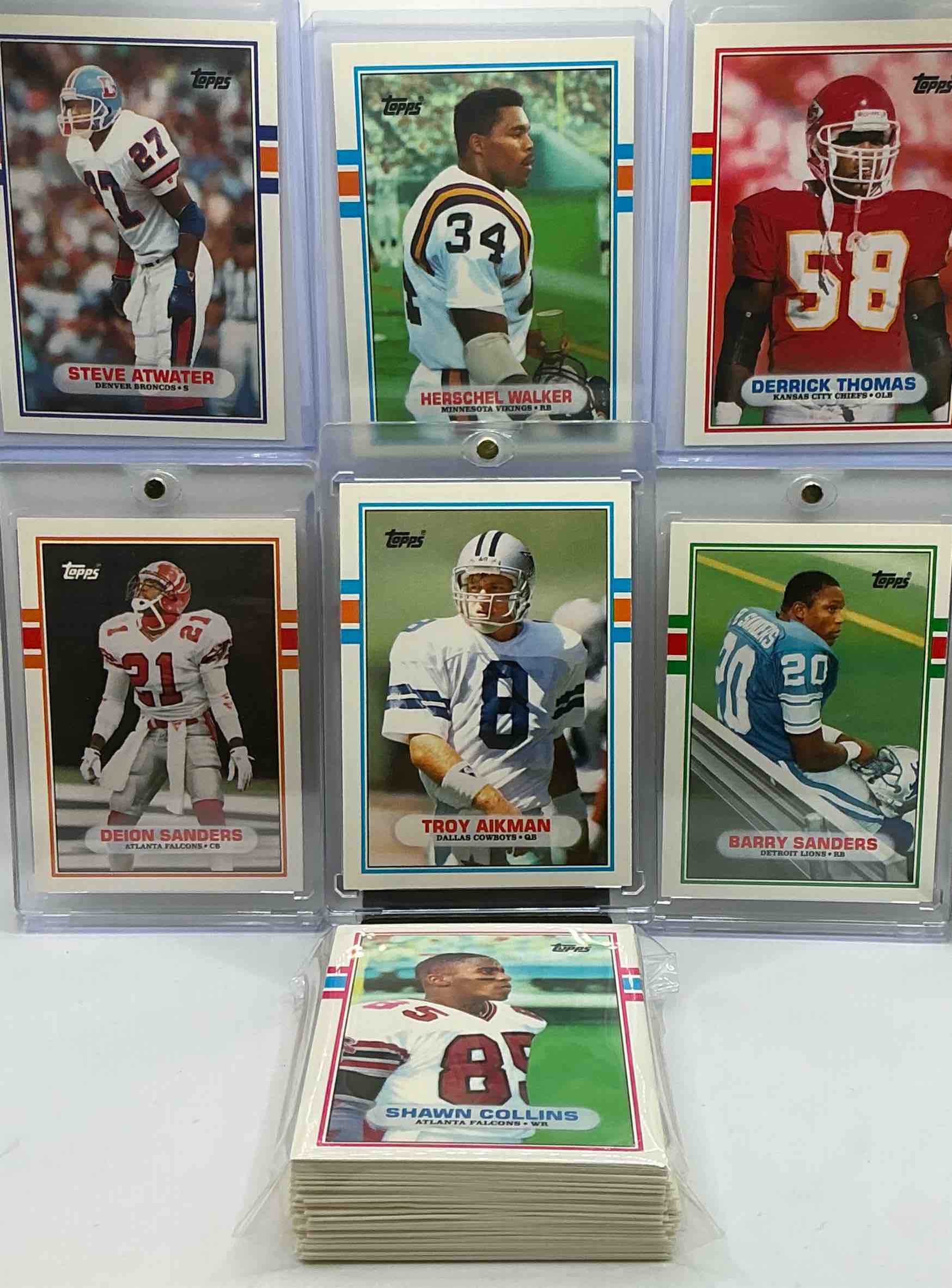 Troy Aikman, Barry Sanders & Deion Sanders Rookie Cards! What!? 1989 Topps Traded NFL Craziness! Some Other Legends Included On Top Of These Legendary, Hall Of Fame Rookies, Like, Herschel Walker, Derrick Thomas, Steve Atwater & More! 50 Card Lot, Commons, Legends, Heroes, Rookies & More!