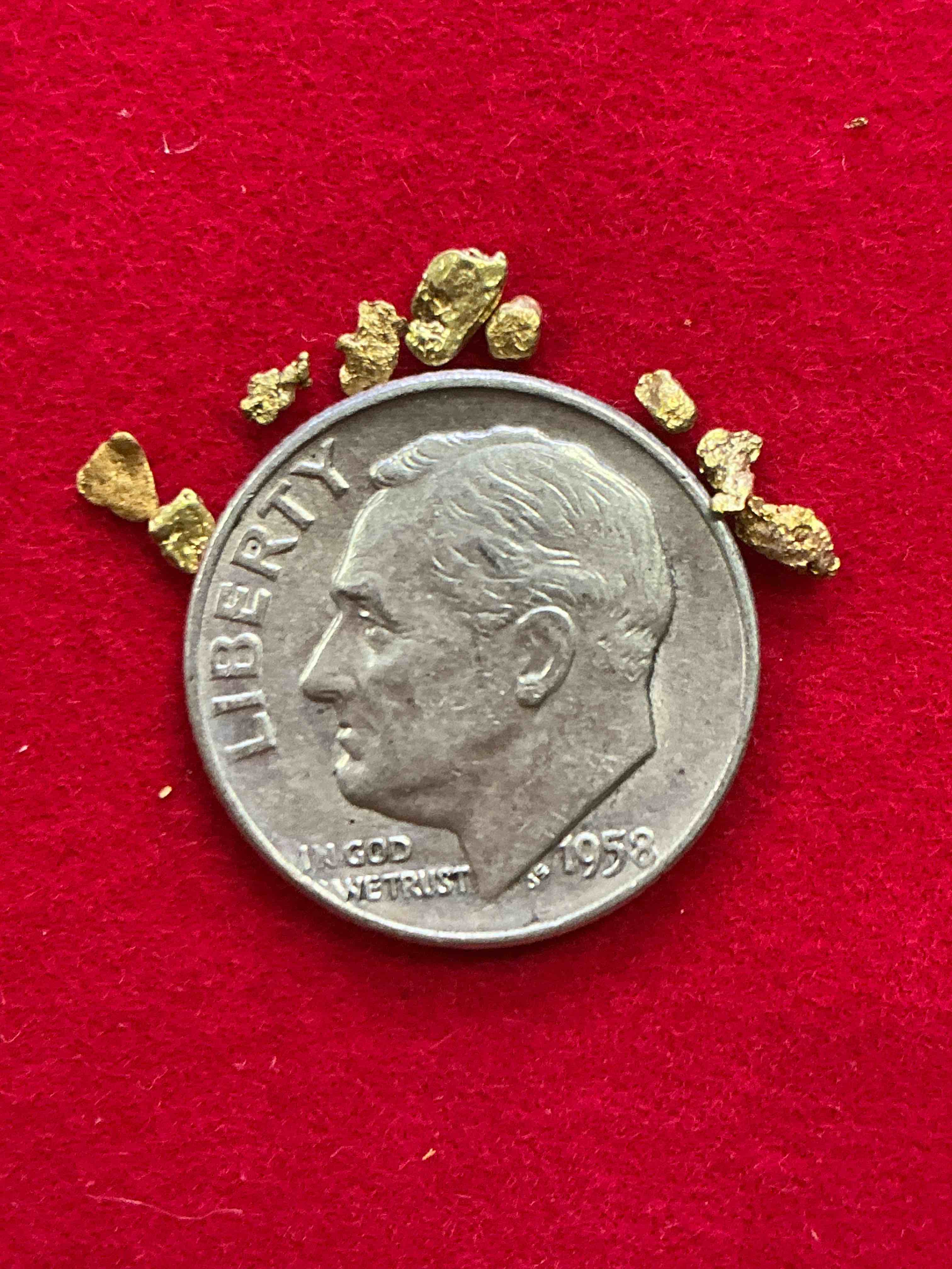 Condition photo showing New/Like New for genuine gold nuggets! pure gold nuggets fresh from prospecting north carolina mountains, total of all nuggets is approximately .5 grams. gold in raw, prospected form is extremely hard to find & much rarer than any refined form. get in on the gold craze... gold has increased in value over 40% in 2025 alone! u.s. dime for size reference only (not included). glass vial for nuggets included. own genuine, pure gold nuggets!