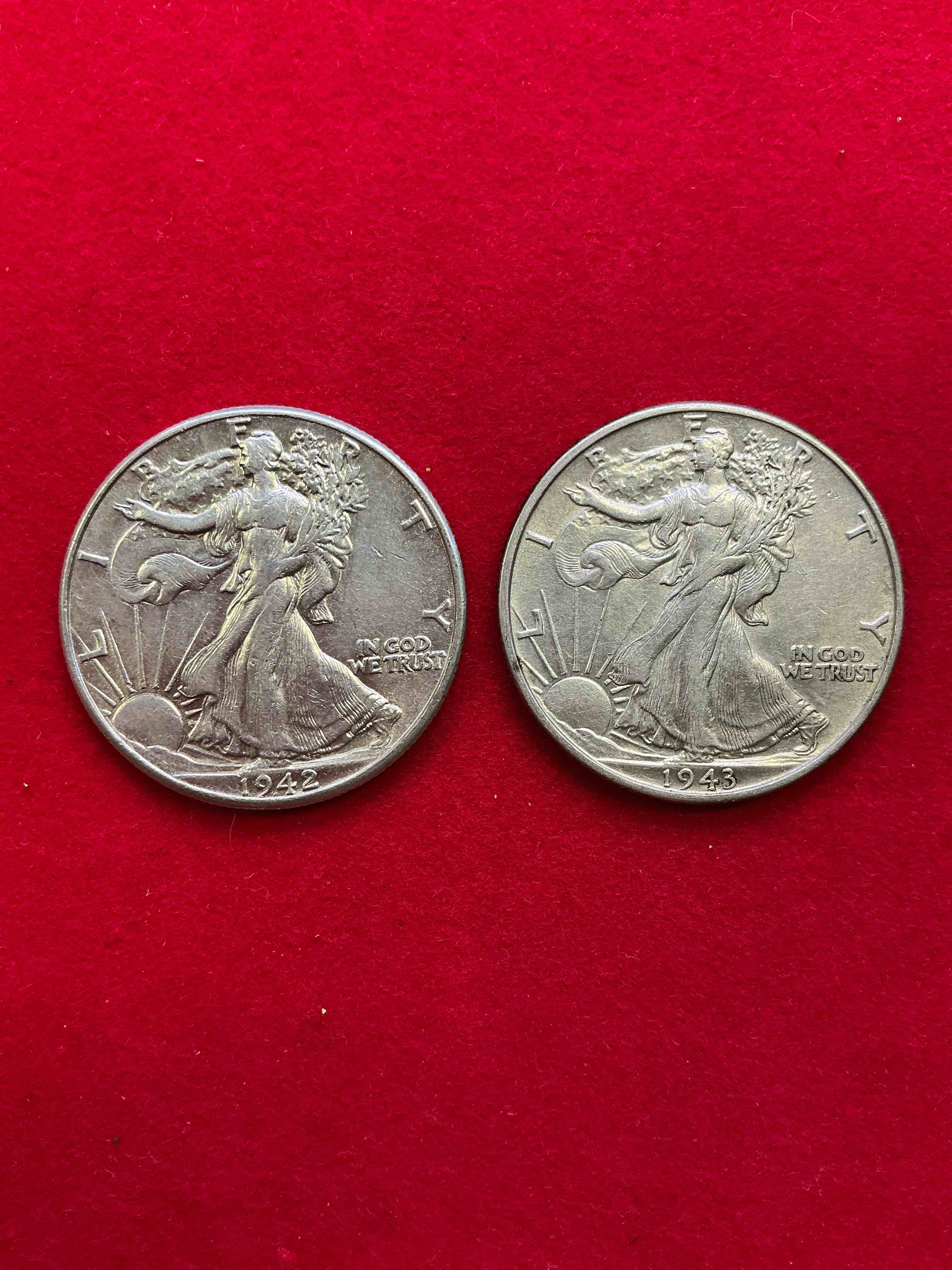 World War II Silver! Antique U.S. Silver! Liberty Walking Silver Fine U.S. Silver Half Dollar! This Striking Half Dollars Were Minted From 1916-1947 & Have Become Some Of The Most Collectible Coins In History! Here Is A Striking Circulated Example From 1942 & 1943! Appears Uncirculated! Liberty Walking Coins Are 90% Fine U.S. Silver, A Great Investment In Precious Metal!