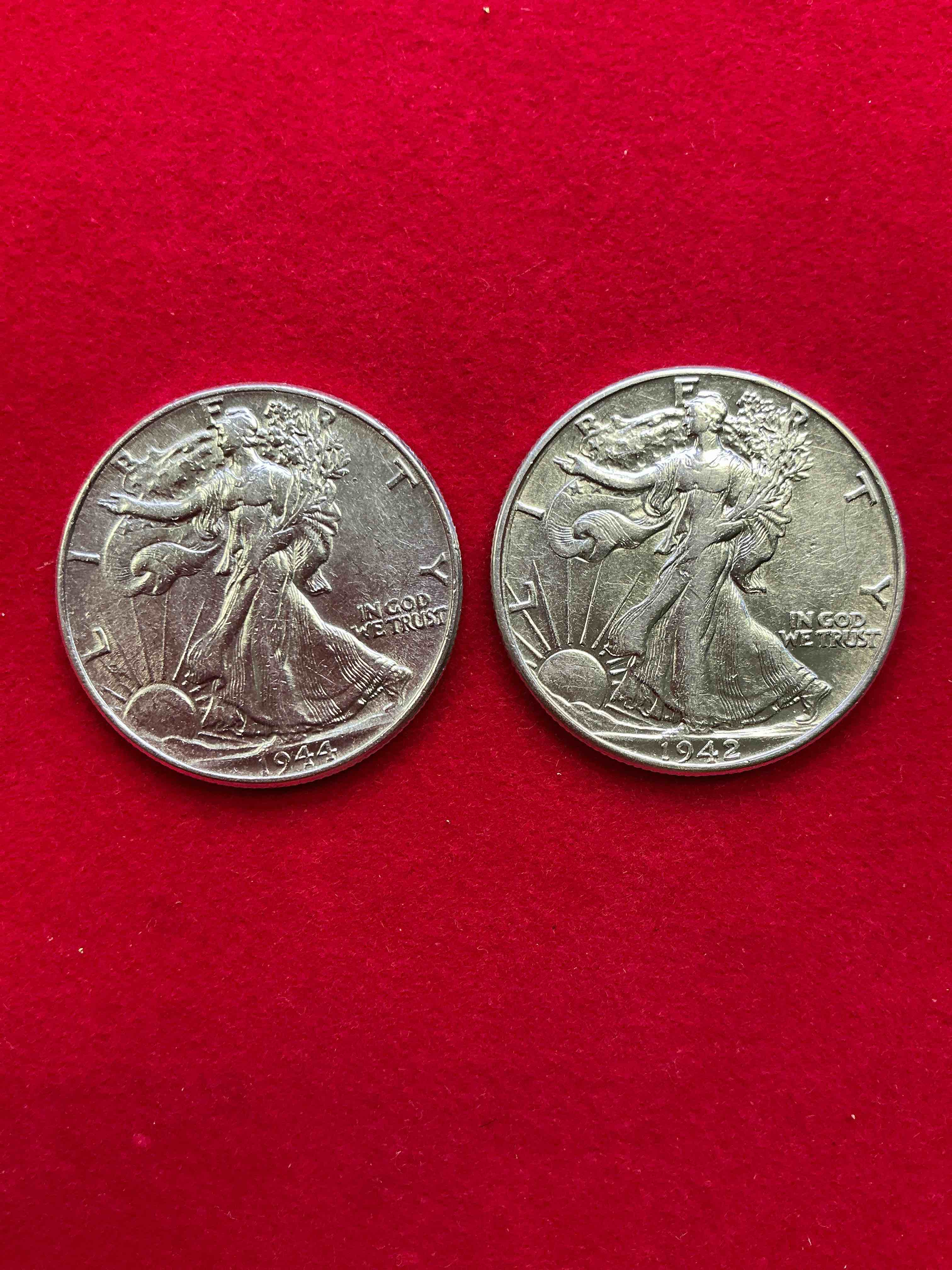 World War II Silver! Antique U.S. Silver! Liberty Walking Silver Fine U.S. Silver Half Dollar! This Striking Half Dollars Were Minted From 1916-1947 & Have Become Some Of The Most Collectible Coins In History! Here Is A Striking Circulated Example From 1942 & 1944! Appears Uncirculated! Liberty Walking Coins Are 90% Fine U.S. Silver, A Great Investment In Precious Metal!