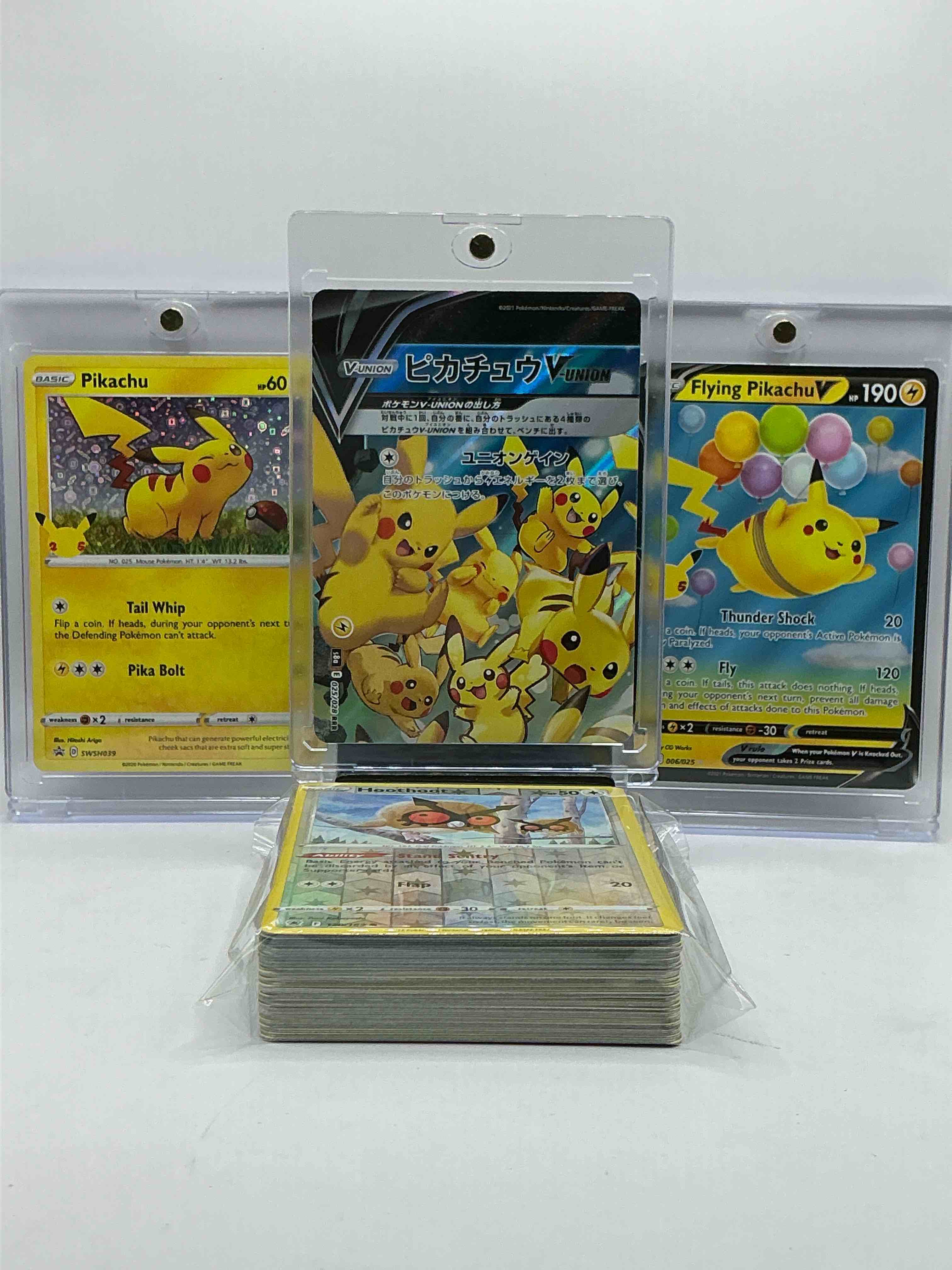 Pikachu Pokemon Party! No Way! Pikachu Holo, Flying Pikachu & Pikachu V Union! What!? No Way! 50 Card Lot Filled With Commons, Legends, Holos & More From All Different Kinds Of Pokemon!