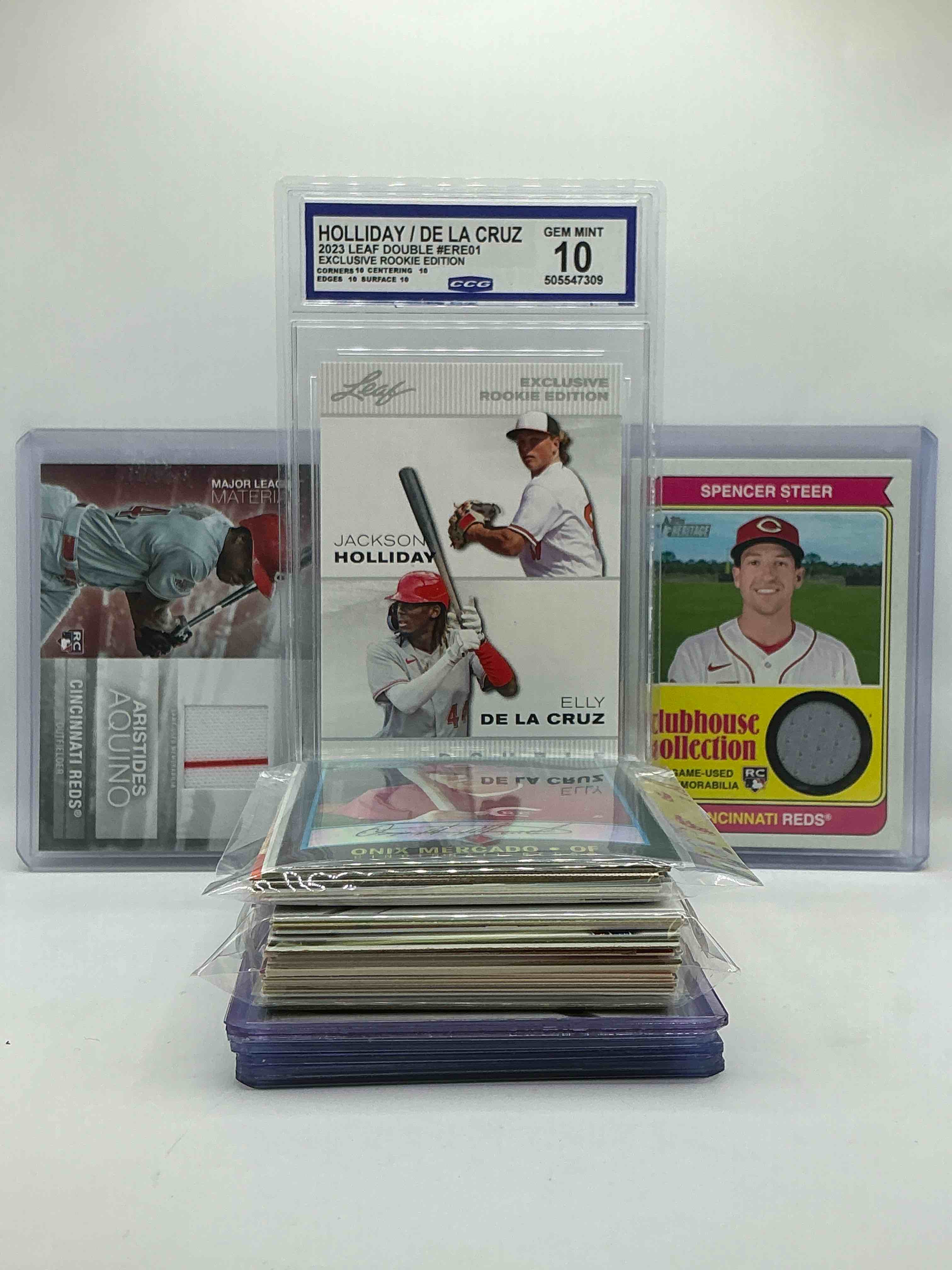 Elly De La Cruz & Jackson Holiday Gem Mint 10 Rookie Combo! Reds Rambunctiousness! Spencer Steer Game Used Memorabilia Rookie Card, Signed, Jersey, Rookie Cards & More! 50 Card Lot, Filled With Commons, Heroes, Legends & More!