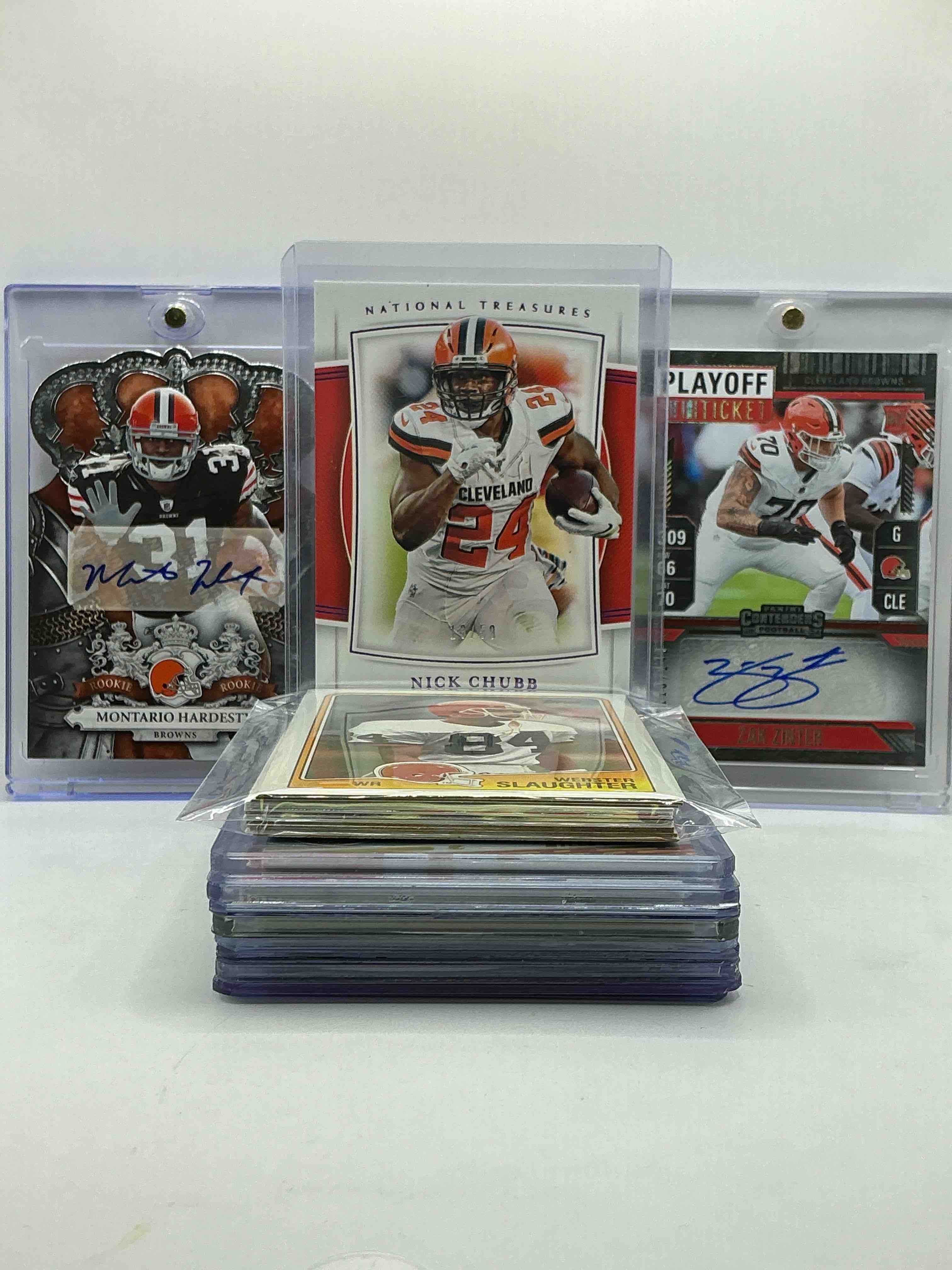 Cleveland Browns Bonanza! Nick Chubb /50 National Treasures, Montario Hardesty Signed Diecut Rookie, Zak Zinter Signed /149 Rookie Card, Greg Little On Card Rookie, Baker Mayfield Rookie, Myles Garrett, Braylon Edwards, OBJ, Tim Couch, Trent Richardson & More! Vintage & New, Commons, Heroes, Signatures, Jersey, Numbered Cards & More! Insane!