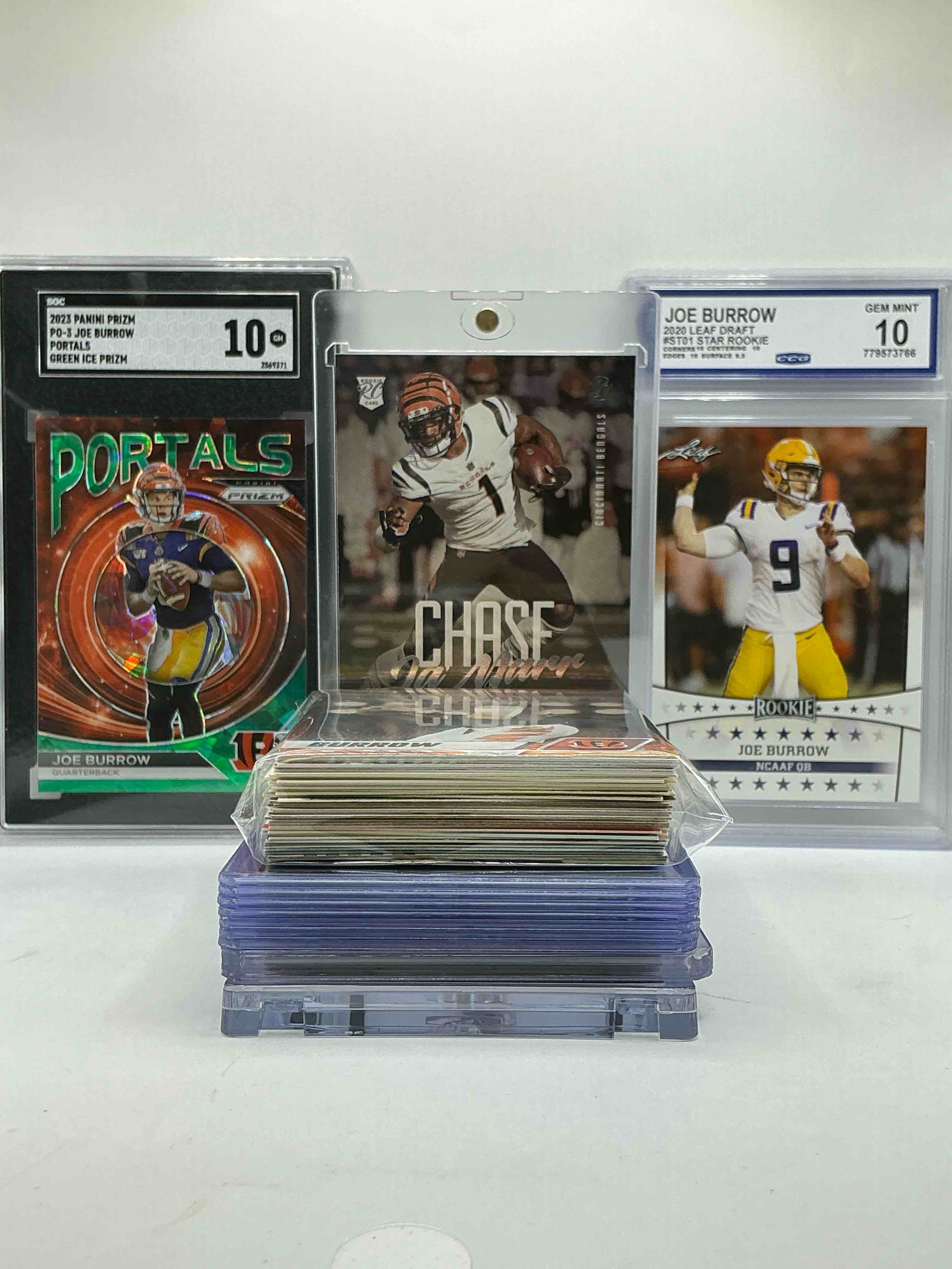 Gem Mint 10 Joe Burrow Rookie, Gem Mint 10 Portals Cracked Ice Joe Burrow Card, Ja’ are Chase Rookie, Panini Tee Higgins Rookie, Chase Brown Jersey Rookie! BENGALS 50 Card Craziness! Legends, Rookies, Heroes & More! Commons & Heroes!