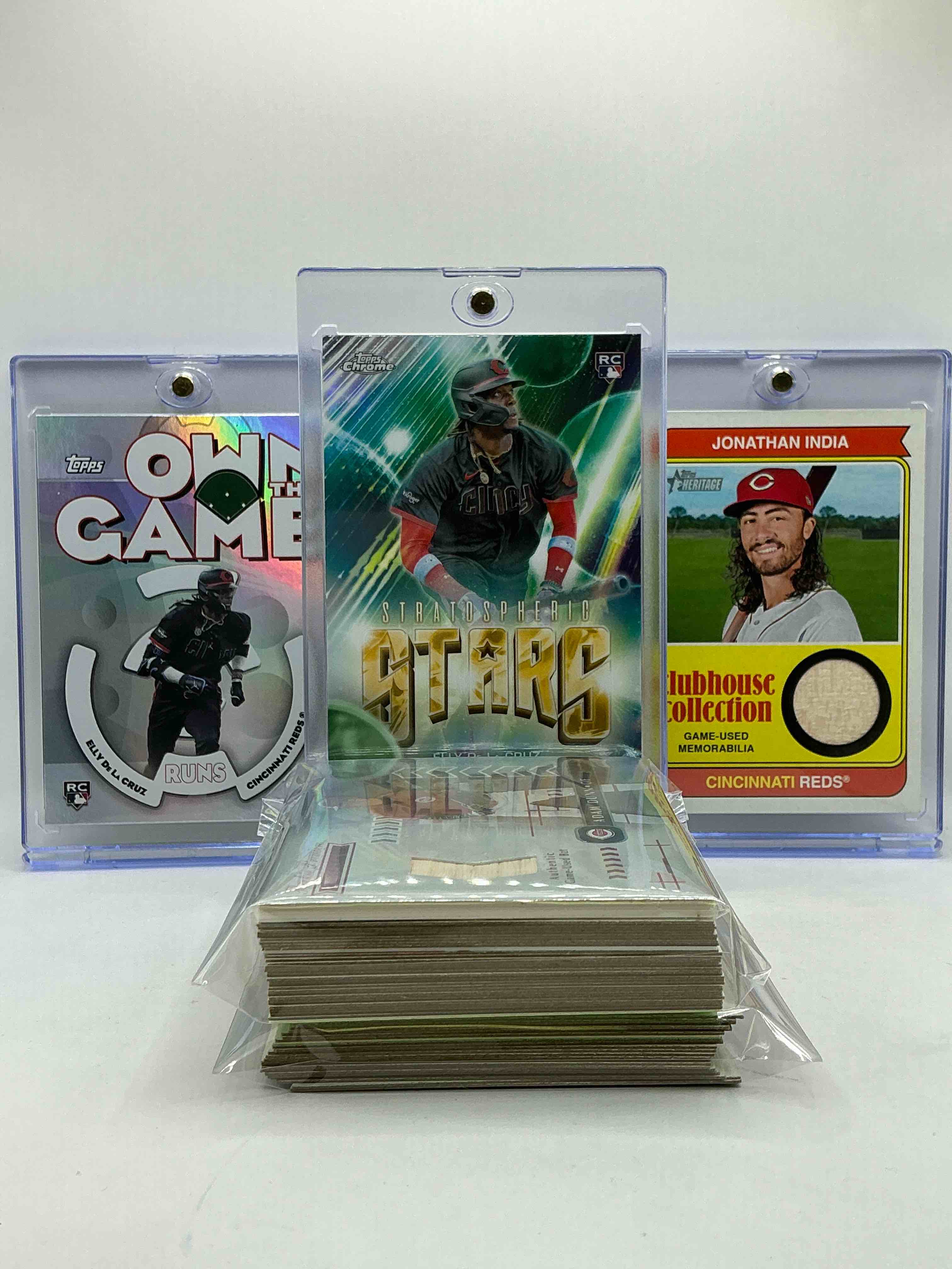 Cincinnati Reds 50 Card Lot! Elly De La Cruz Stratospheric Stars Topps Chrome Rookie Card, Jonathan India CLUBHOUSE COLLECTION Game Used Memorabilia Card, Topps Own The Game Rookie Card & More! Insane 50 Card Reds, Modern, Vintage & Some Rare!