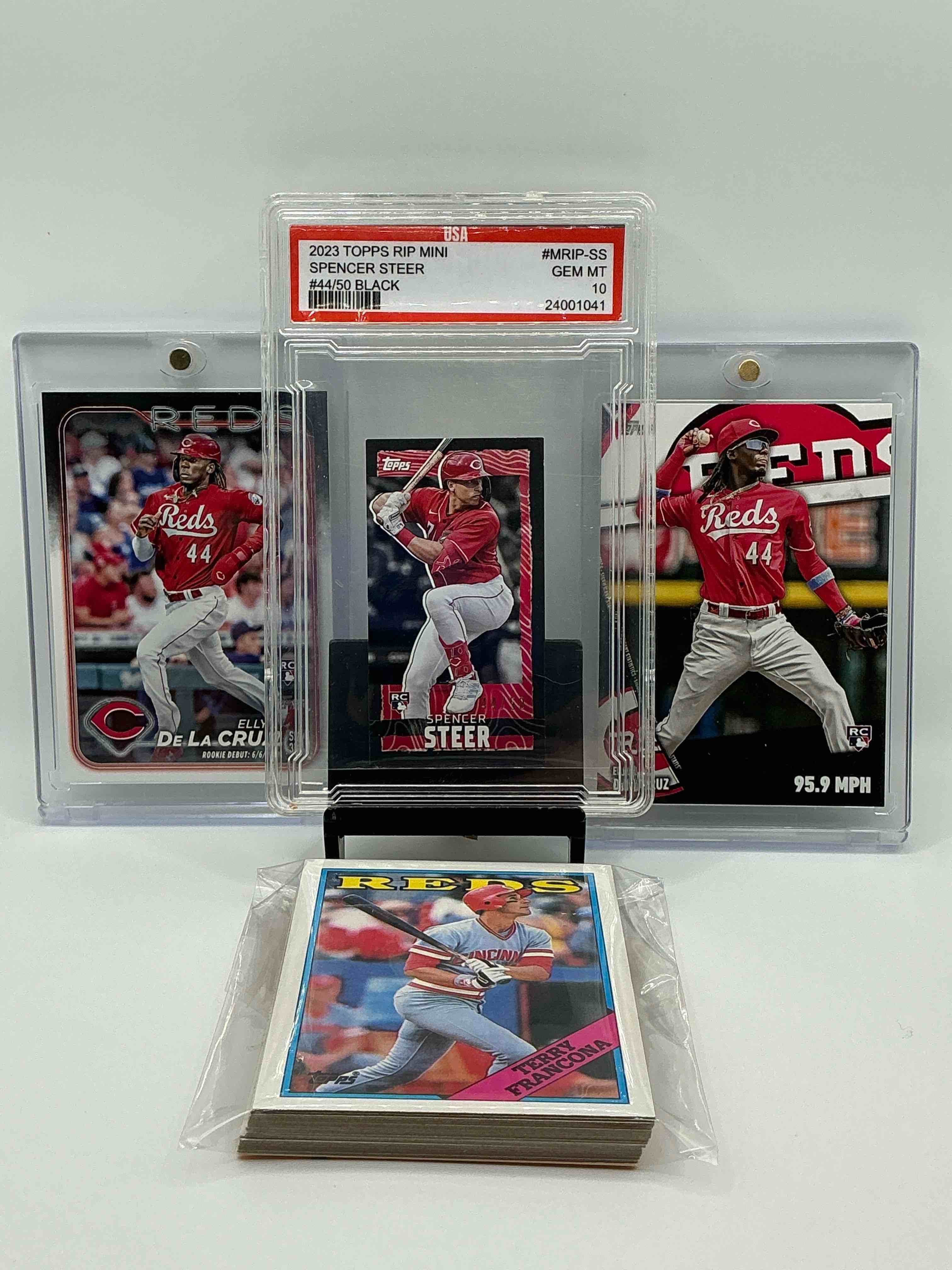 Reds Rambunctiousness! 2023 Spencer Steer Topps Mini Rookie Graded 10 Numbered 44/50! 2024 Elly De La Cruz Topps Red Rookie & 2024 Elly De La Cruz Topps Red & Black Rookie Debut! Along With 24 Reds Heroes, Rookies & Commons!