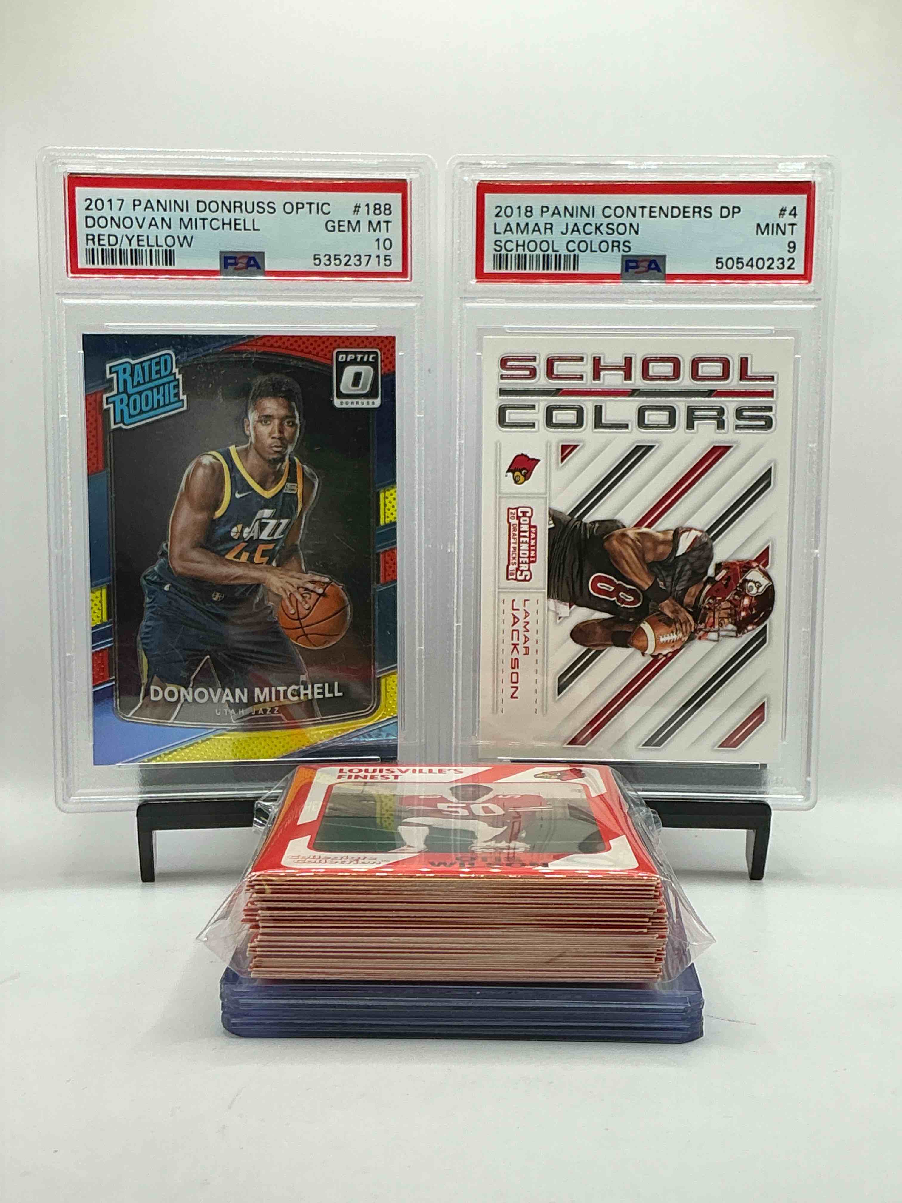 Louisville Legends! Perfect Condition PSA 10 Donovan Mitchell Optic Yellow, Red & Blue Rated Rookie, Lamar Jackson Graded Rookie, Teddy Bridgewater & More! Insane 50 Card Louisville Lot… Includes Commons, Heroes, Legends, Rookies & More! Insane 50 Card UofL Legends!