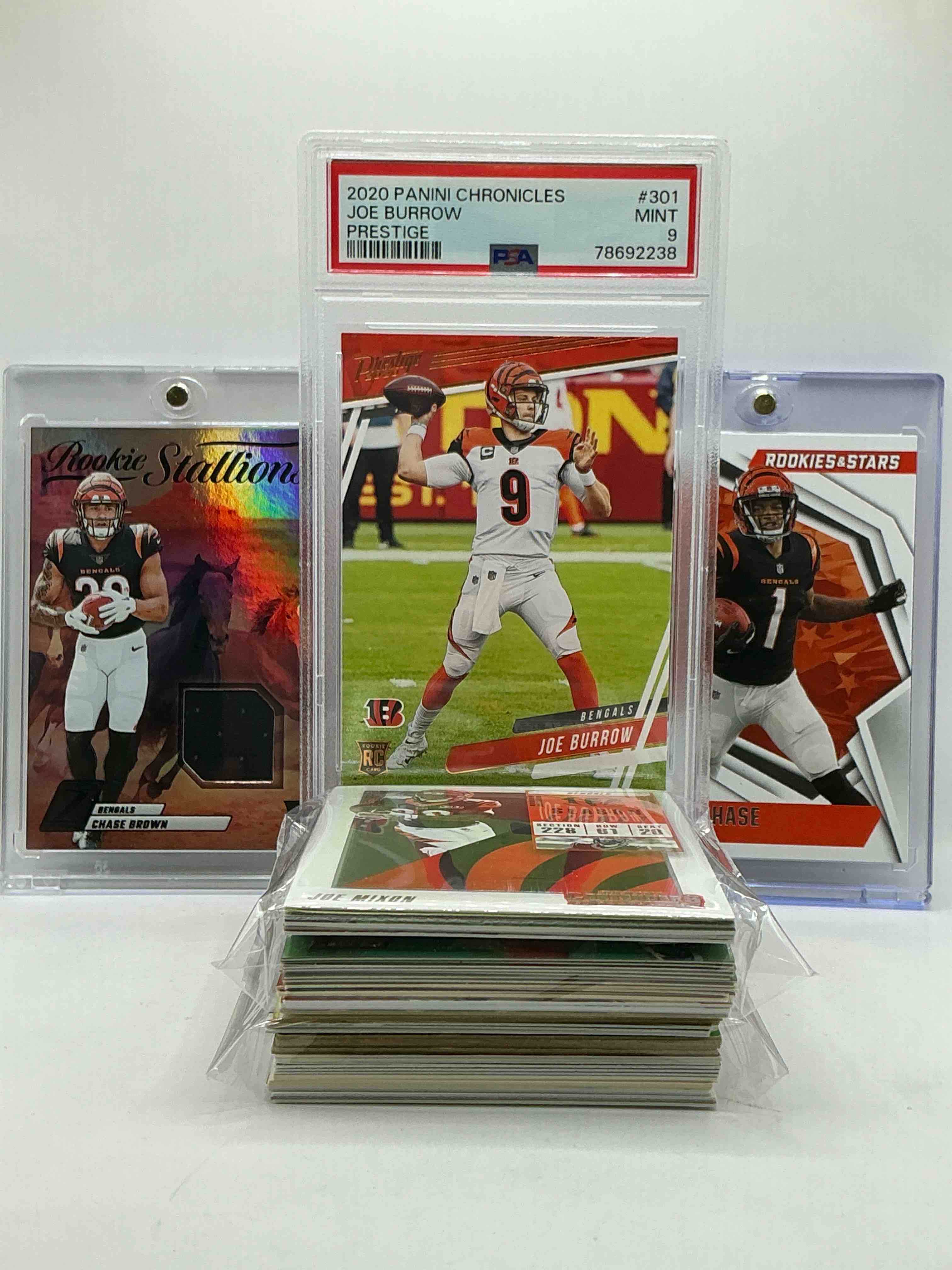 Joe Burrow Gold Prestige Rookie, Rookie Stallions Chase Brown & Rookies & Stars Ja’marr Chase Card! Bengals Bonanza! 50 Card Bengals, Filled With Commons, Heroes, Legends & More Vintage & New!